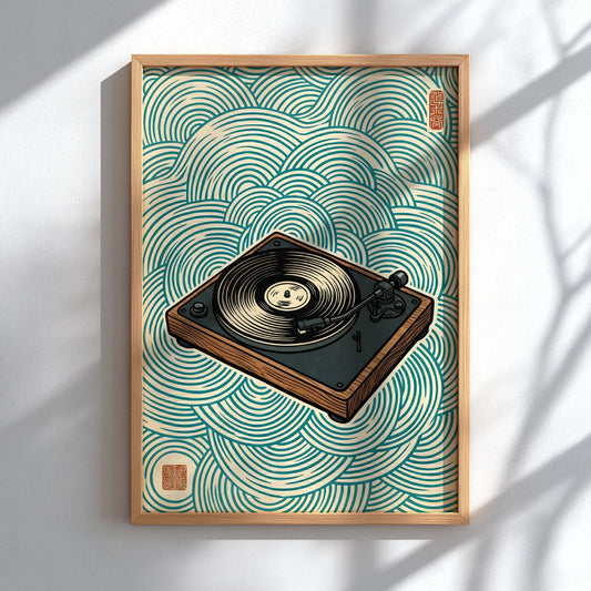 Japanese art style poster featuring a turntable and waves in blue tones