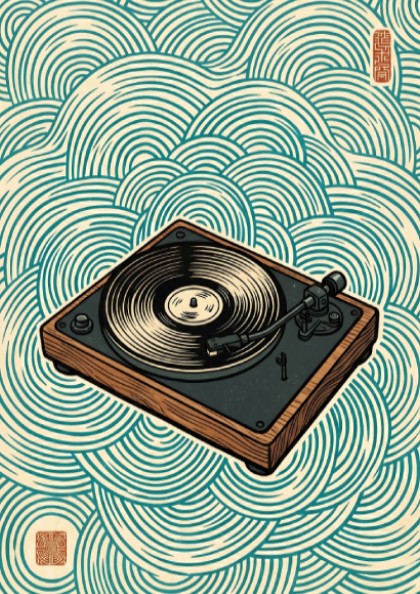Japanese art style poster featuring a turntable and waves in blue tones