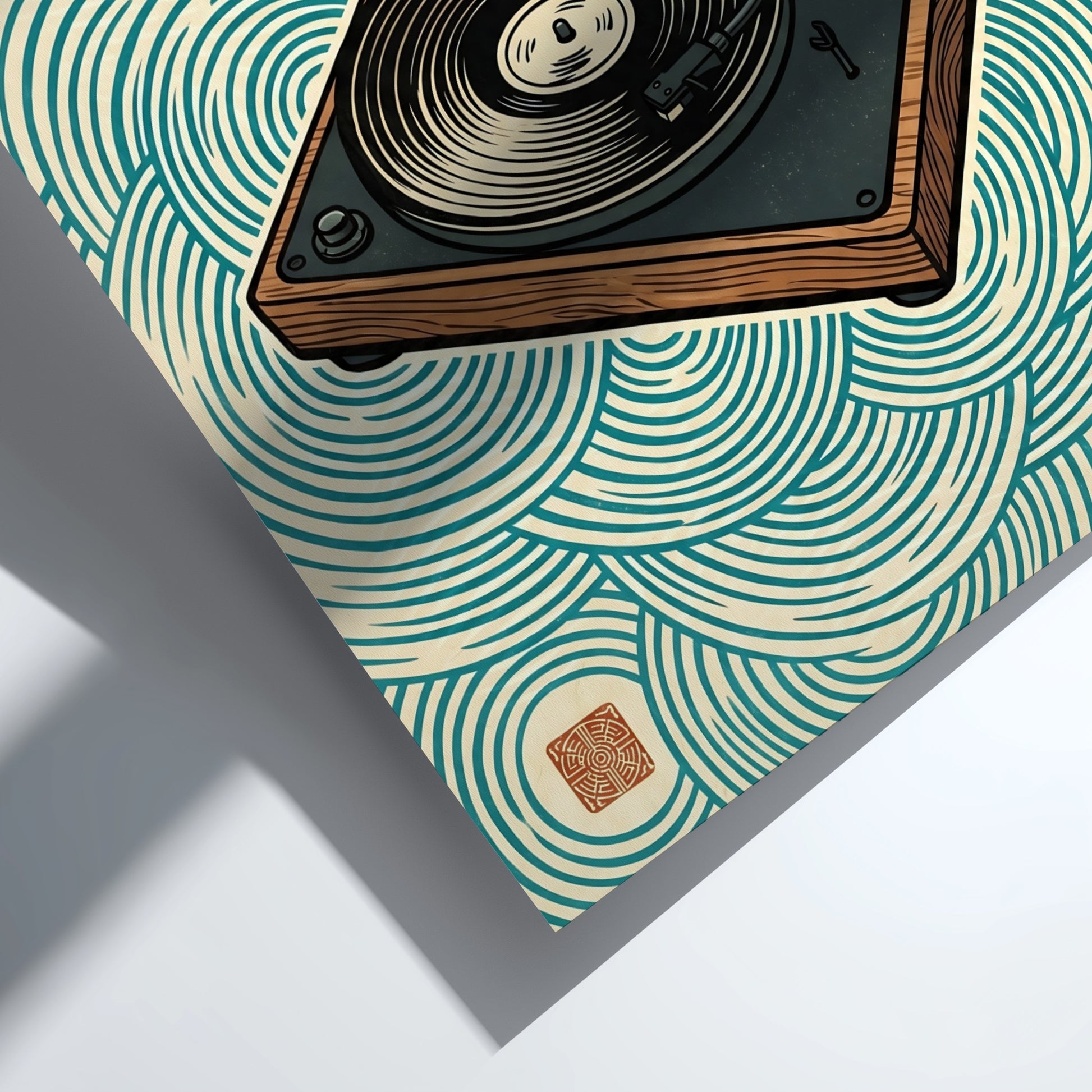 Japanese art style poster featuring a turntable and waves in blue tones