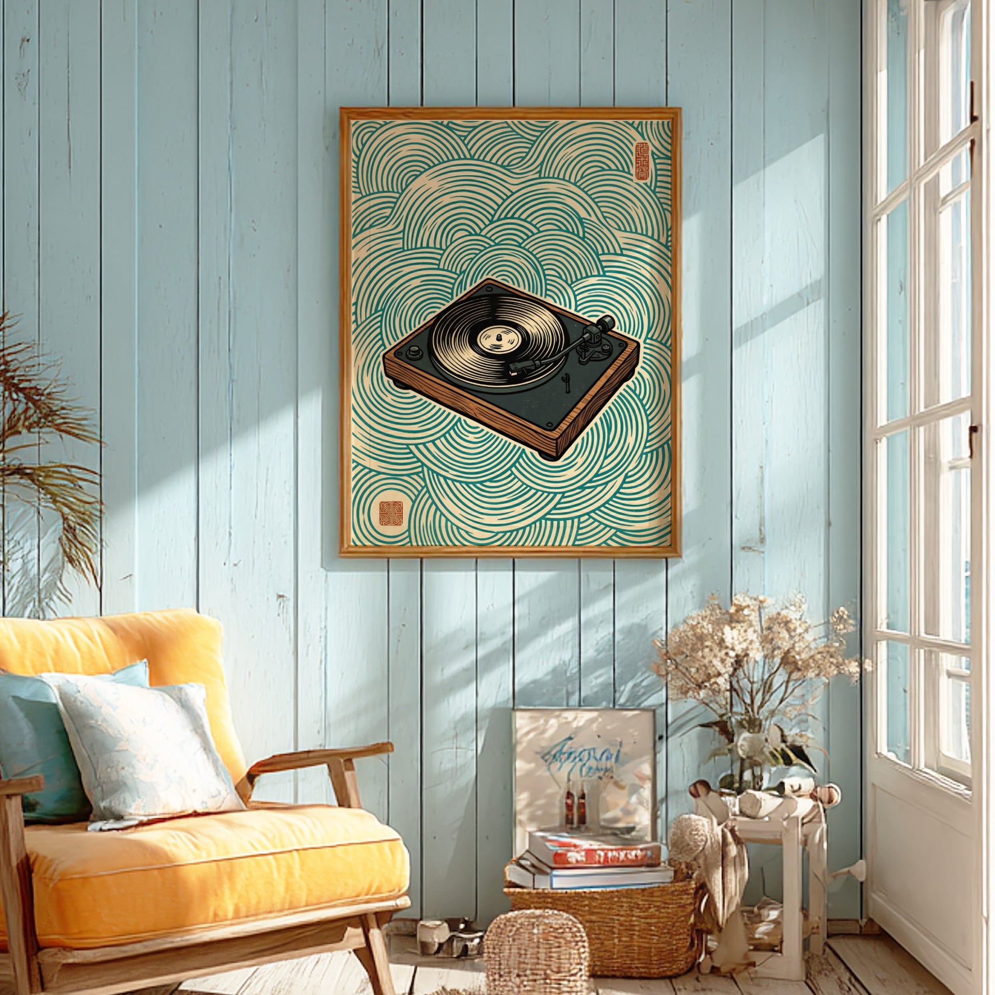 Japanese art style poster featuring a turntable and waves in blue tones