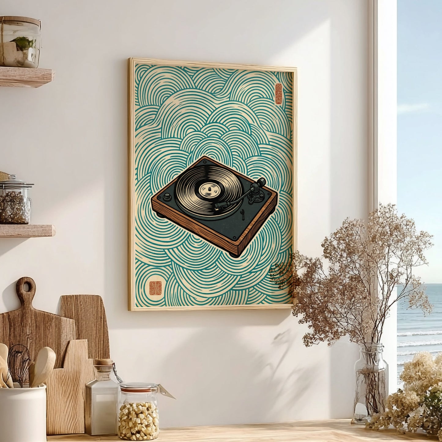 Japanese art style poster featuring a turntable and waves in blue tones