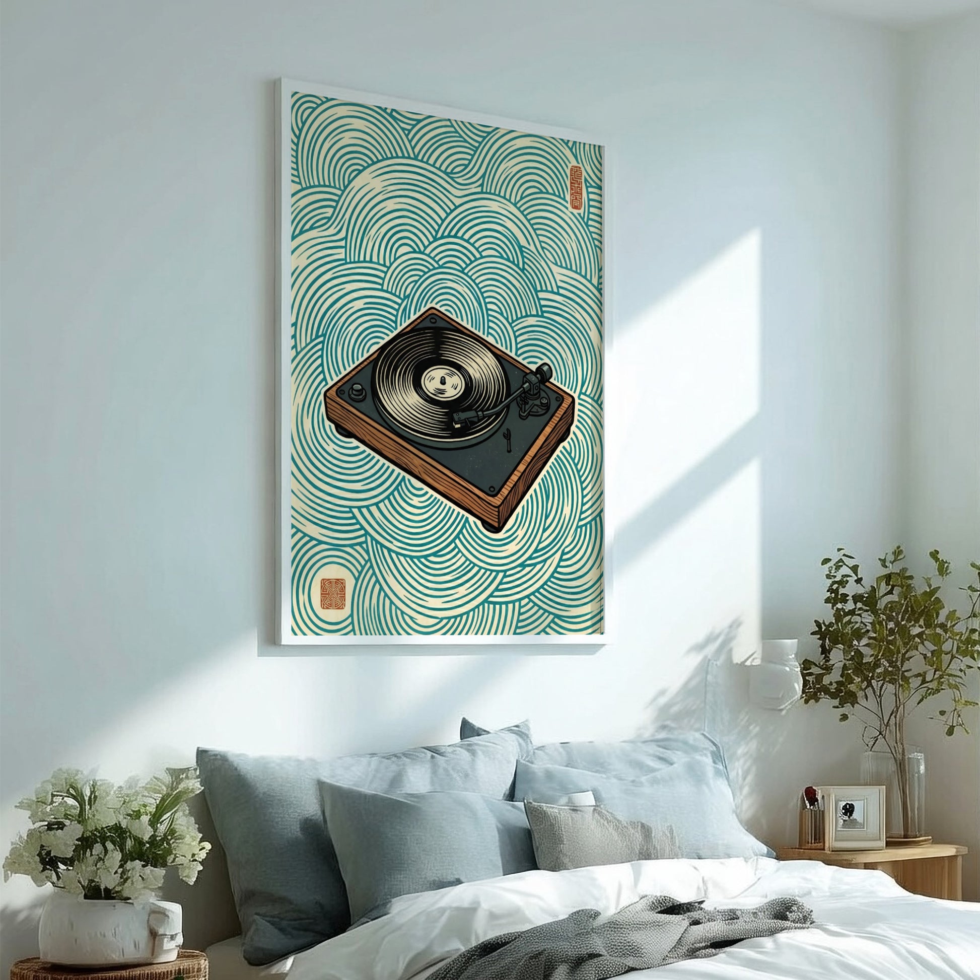 Japanese art style poster featuring a turntable and waves in blue tones