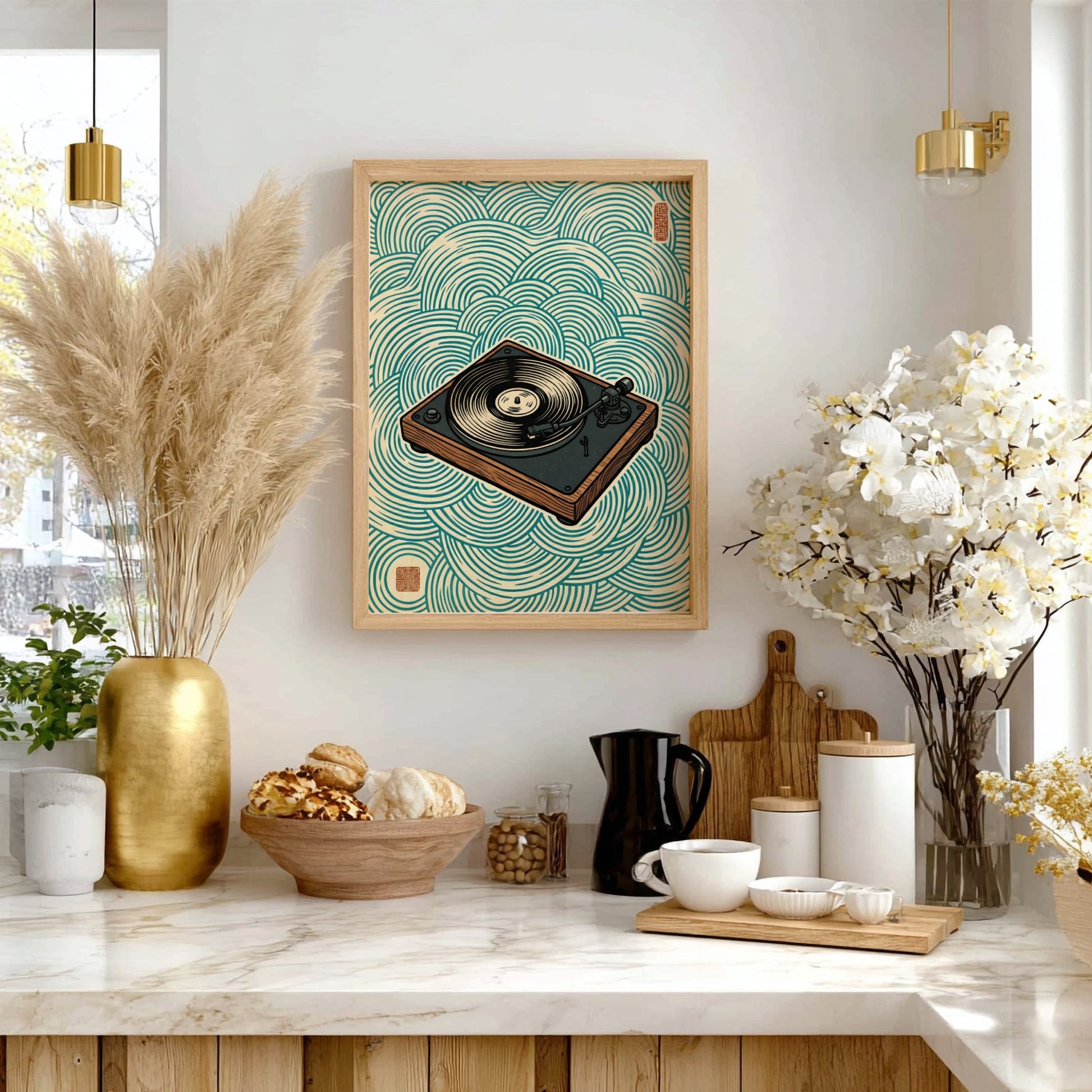 Japanese art style poster featuring a turntable and waves in blue tones