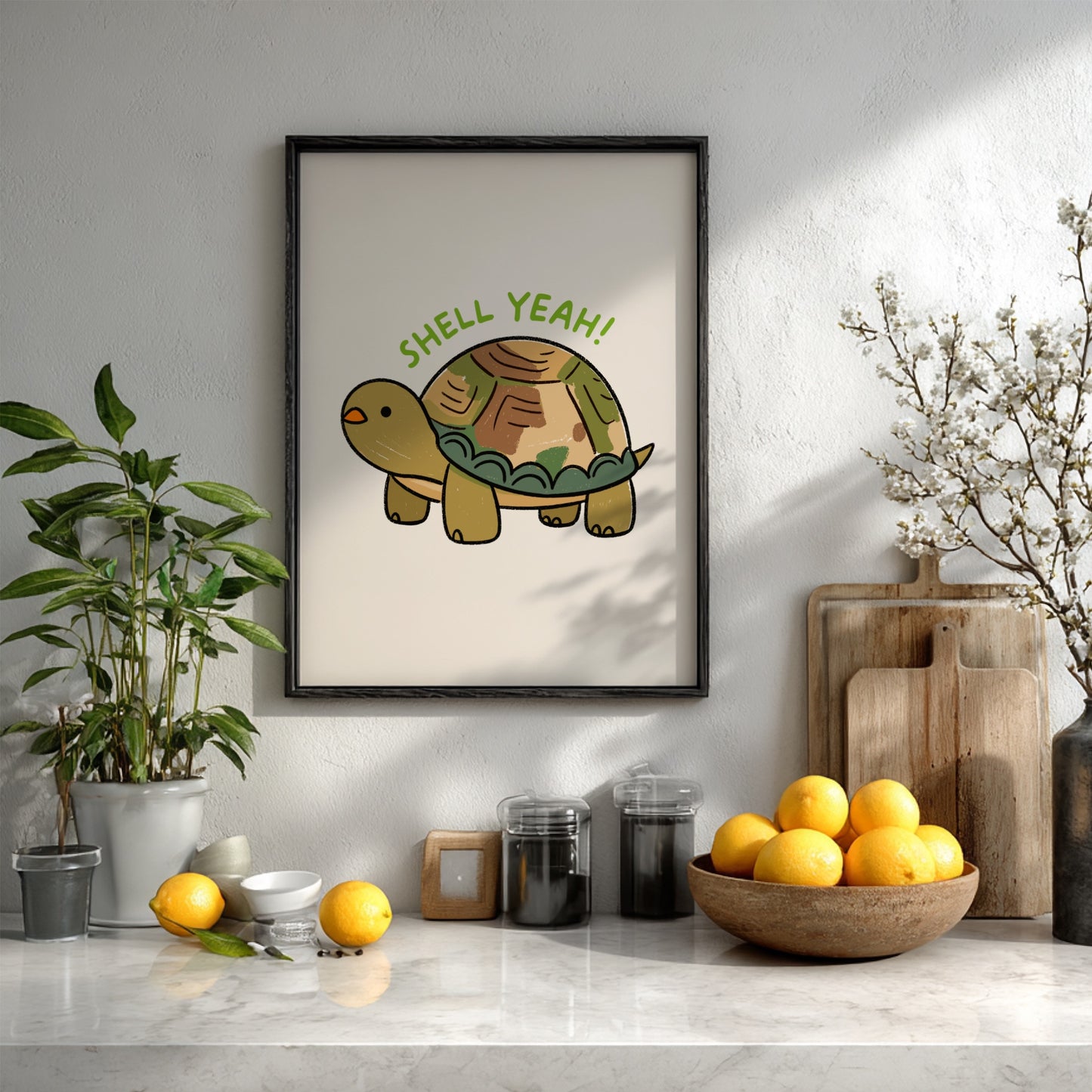 Shell Yeah - Minimalist Turtle Illustration & Motivational Quote Wall Art