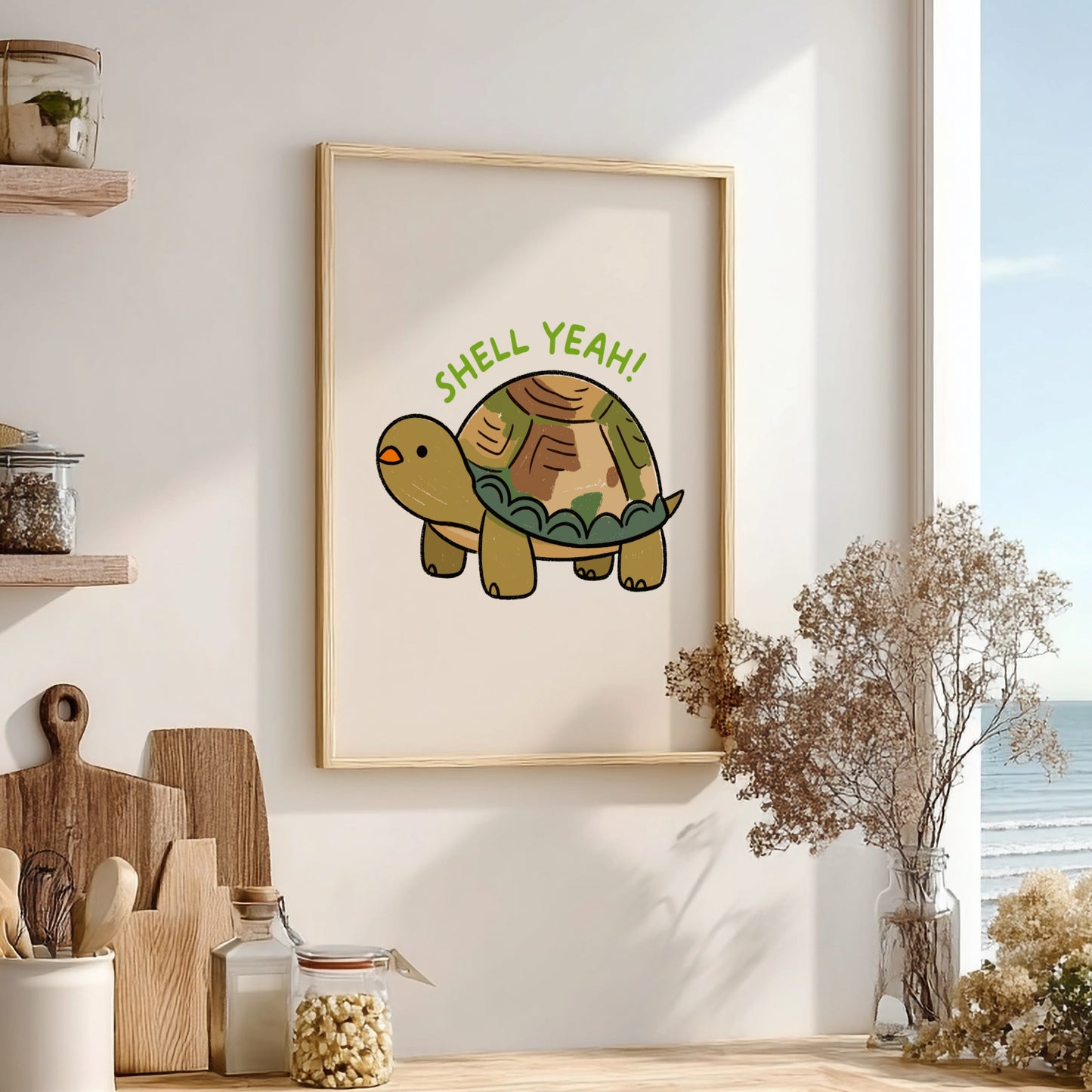 Shell Yeah - Minimalist Turtle Illustration & Motivational Quote Wall Art