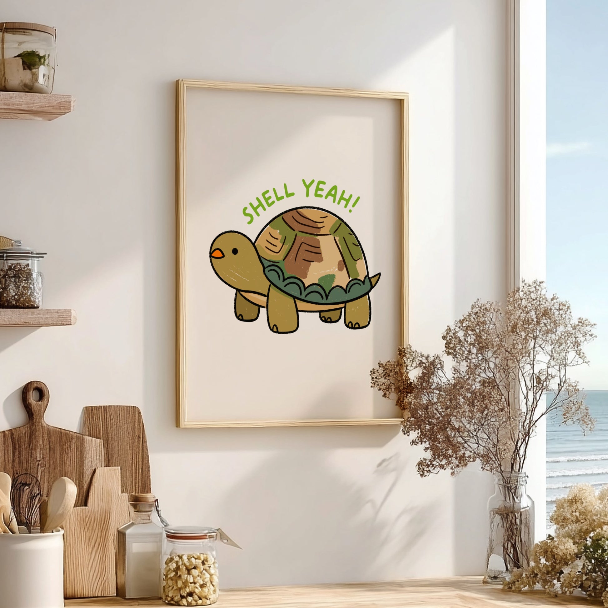 Shell Yeah - Minimalist Turtle Illustration & Motivational Quote Wall Art