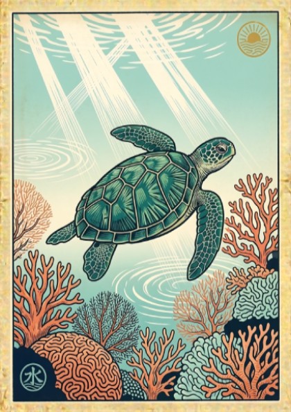 Japanese art style poster featuring a turtle swimming over coral reefs in vibrant colors