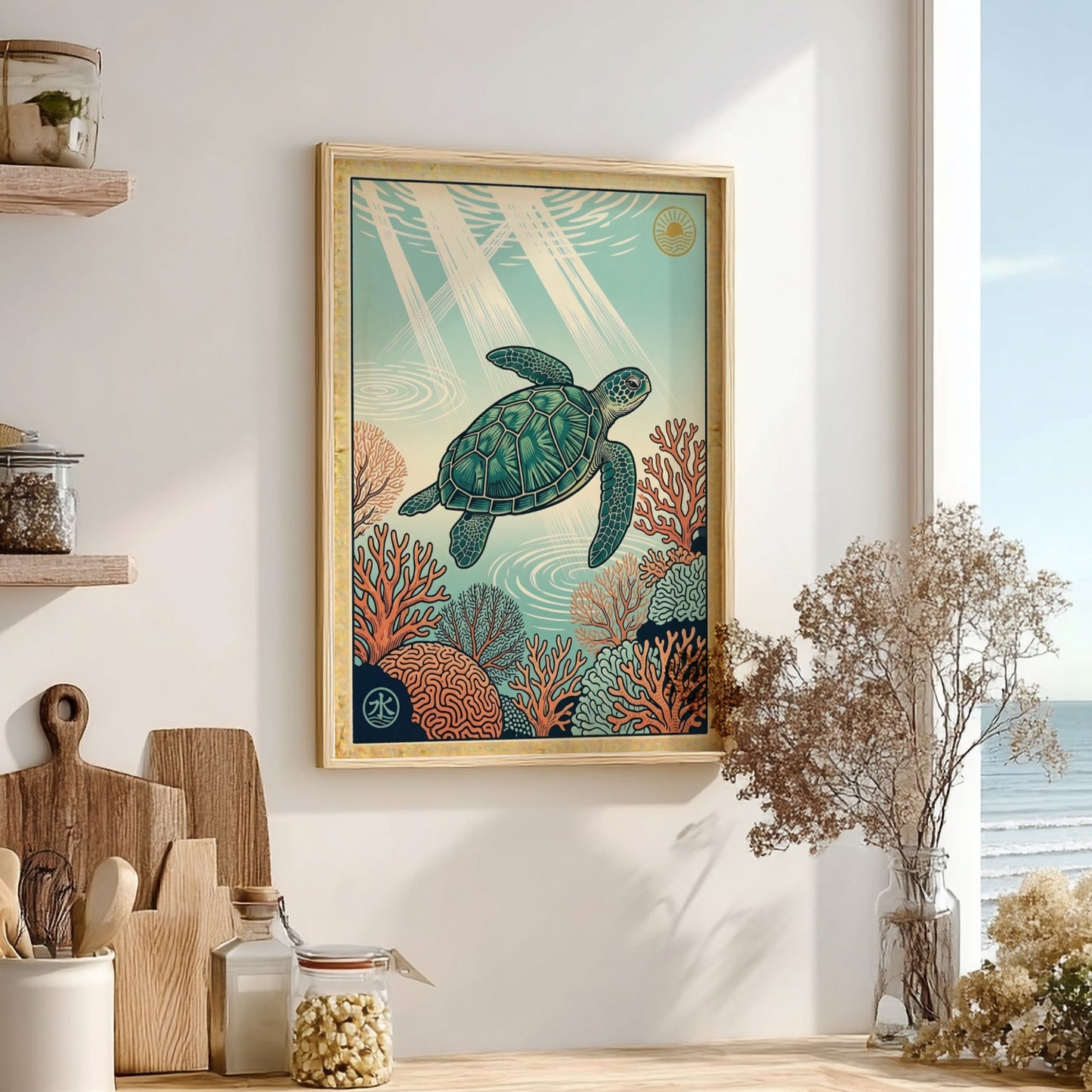 Japanese art style poster featuring a turtle swimming over coral reefs in vibrant colors