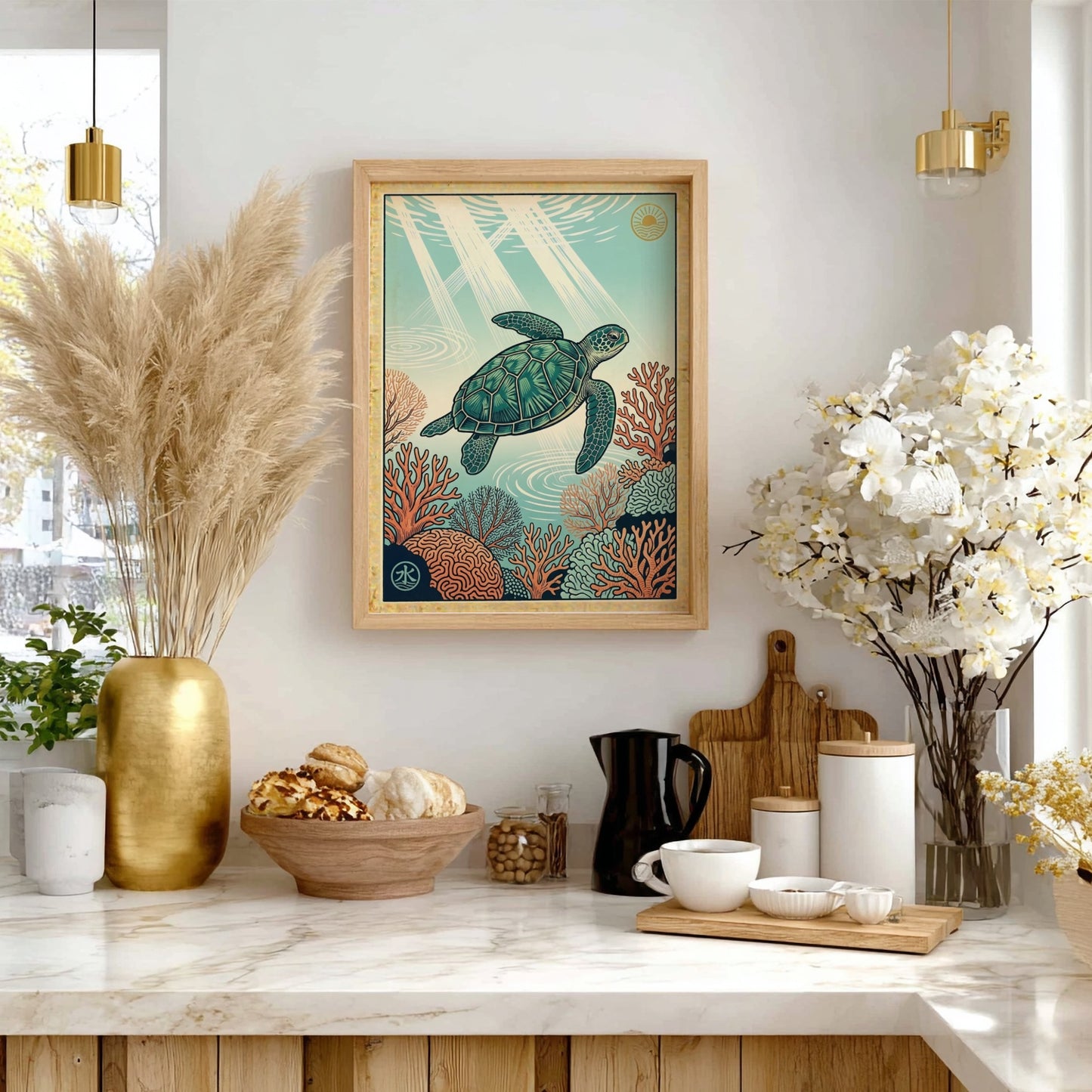 Japanese art style poster featuring a turtle swimming over coral reefs in vibrant colors