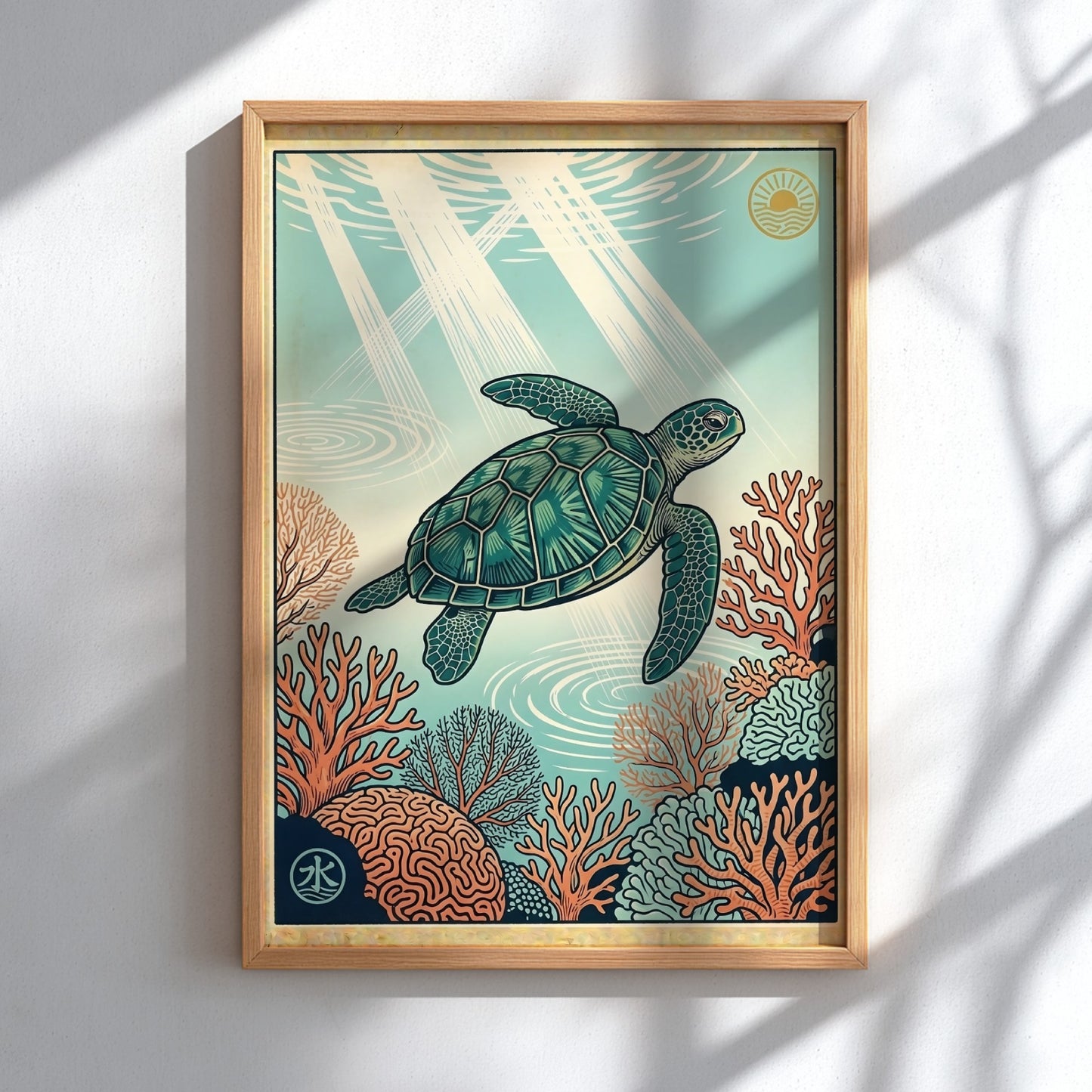 Japanese art style poster featuring a turtle swimming over coral reefs in vibrant colors