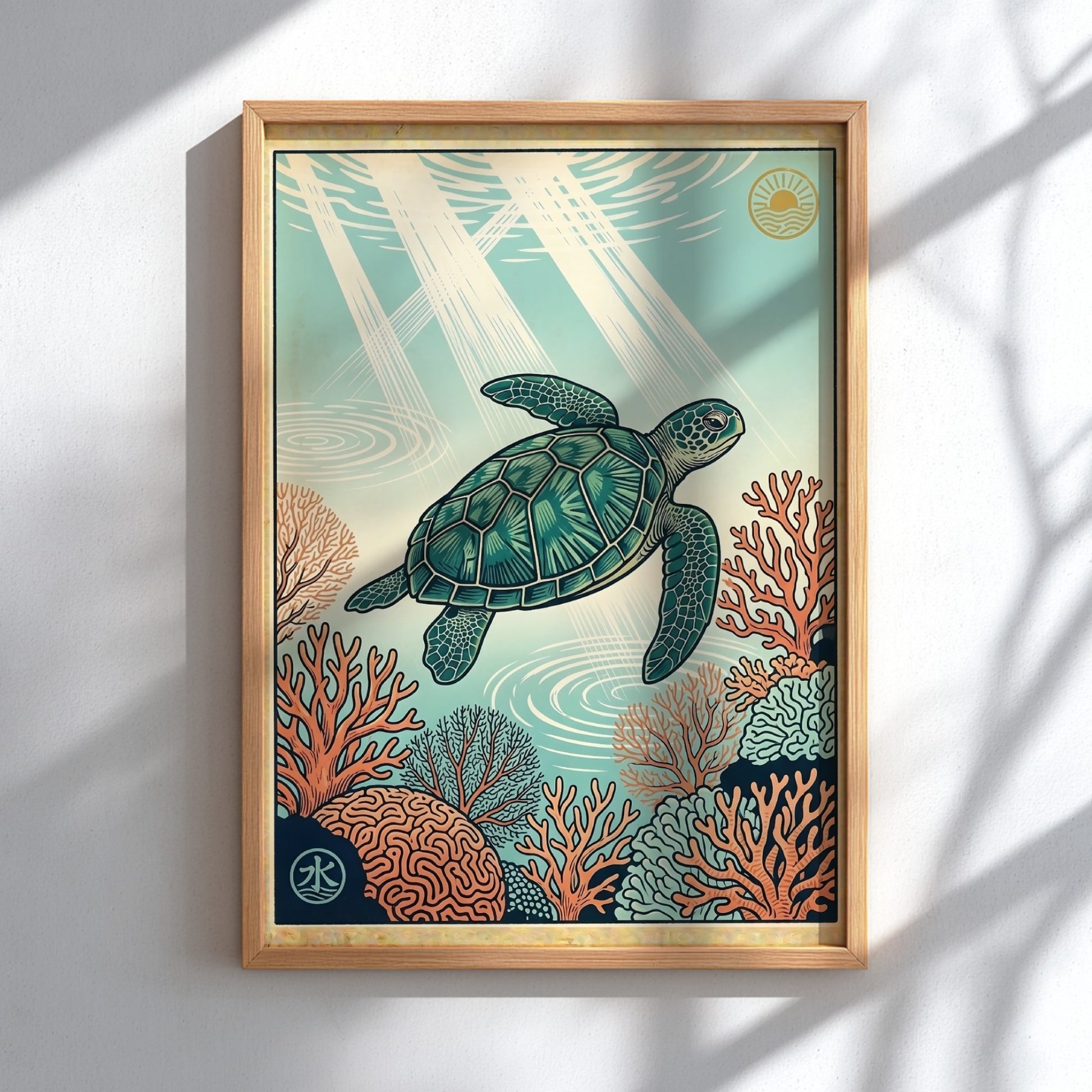 Japanese art style poster featuring a turtle swimming over coral reefs in vibrant colors