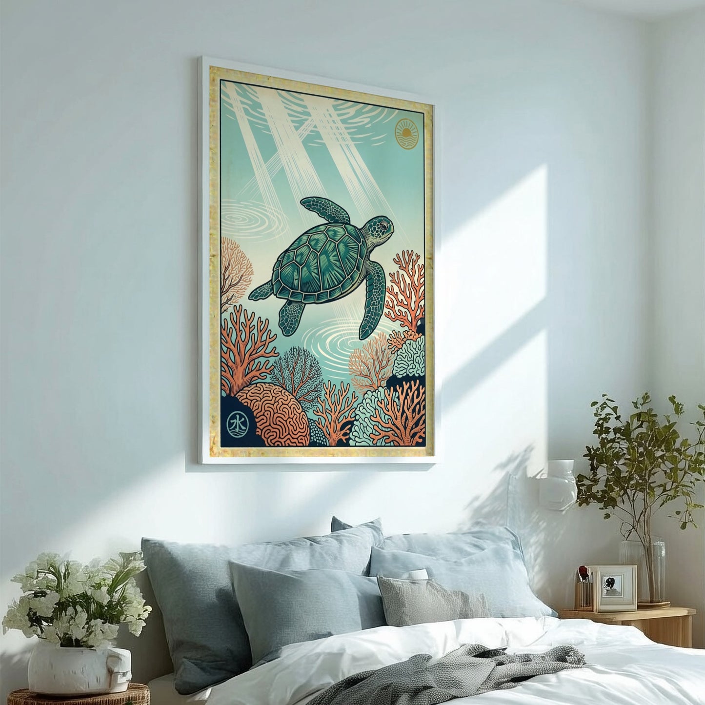 Japanese art style poster featuring a turtle swimming over coral reefs in vibrant colors
