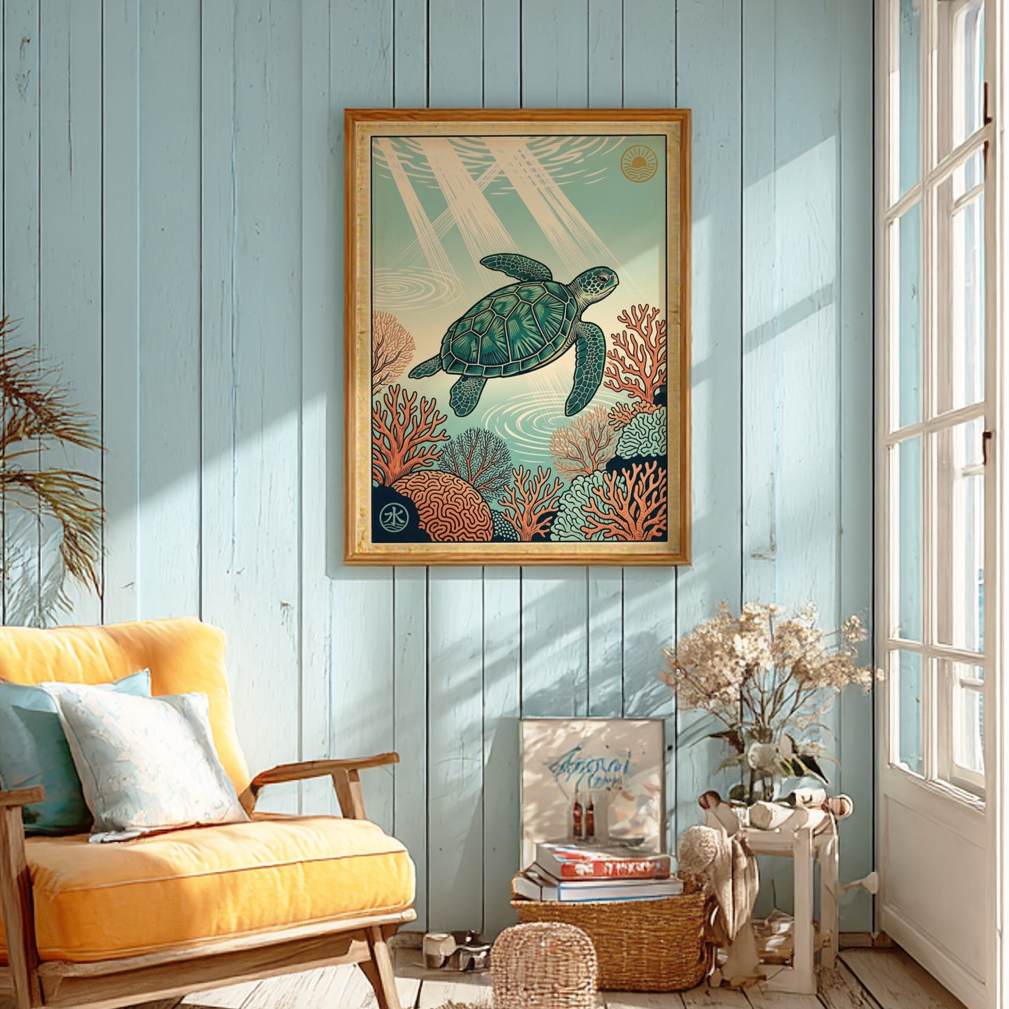 Japanese art style poster featuring a turtle swimming over coral reefs in vibrant colors