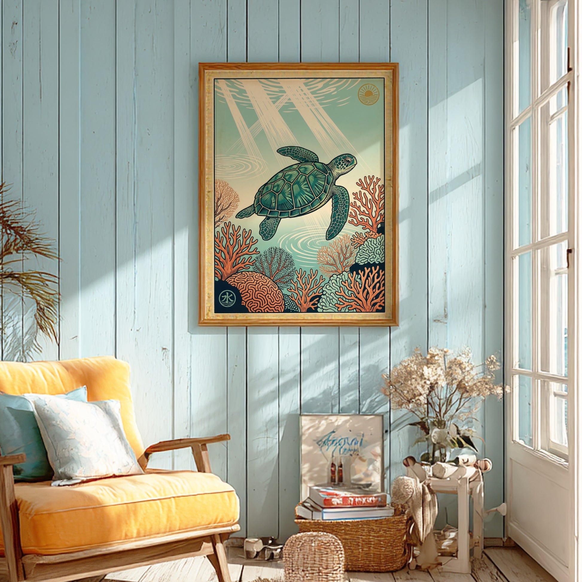 Japanese art style poster featuring a turtle swimming over coral reefs in vibrant colors