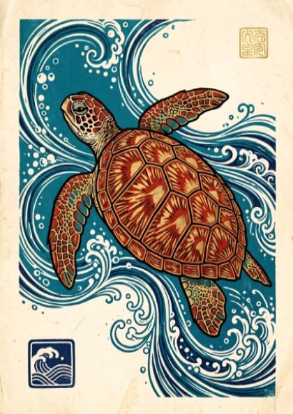 Japanese art style poster featuring a turtle swimming in ocean waves with vibrant colors