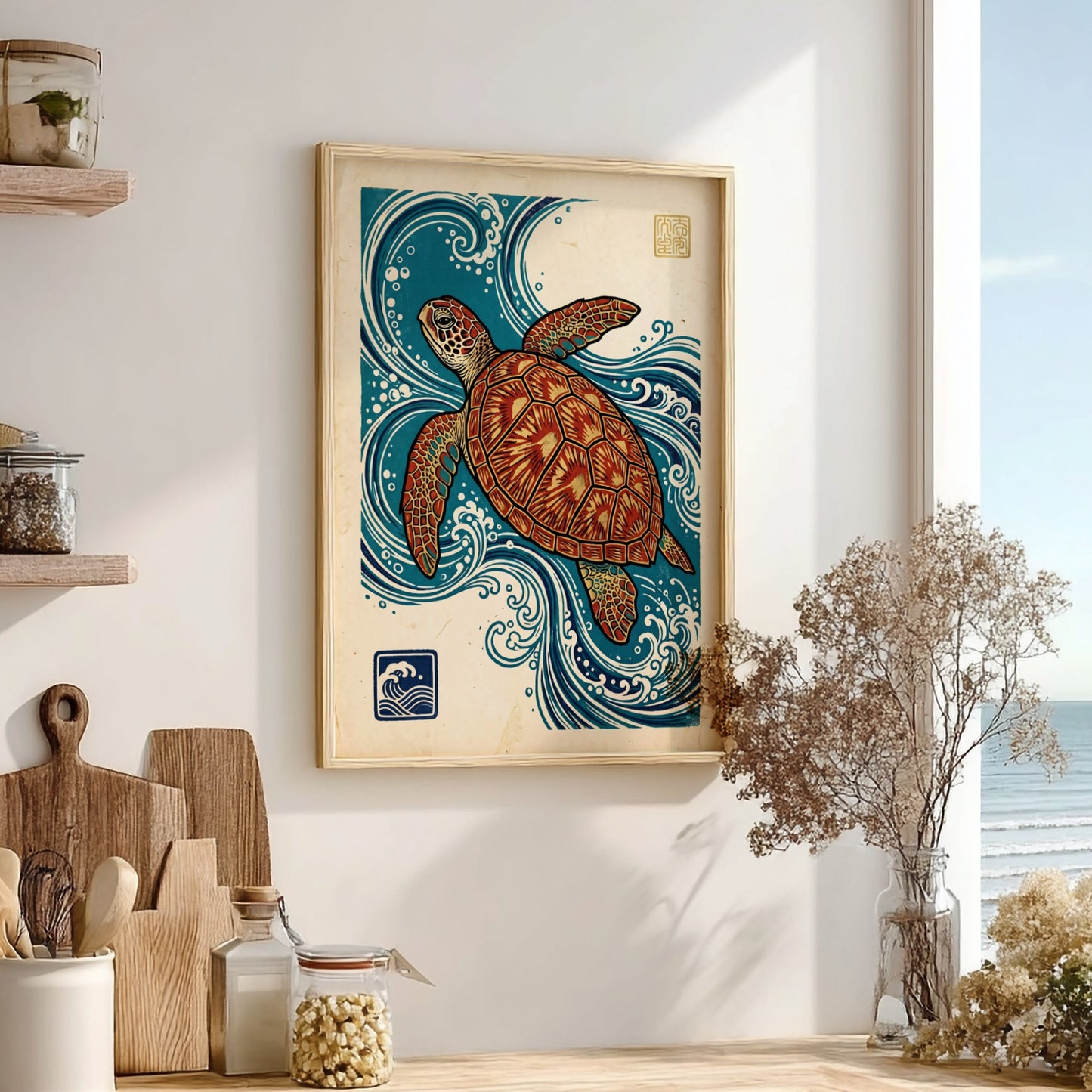 Japanese art style poster featuring a turtle swimming in ocean waves with vibrant colors