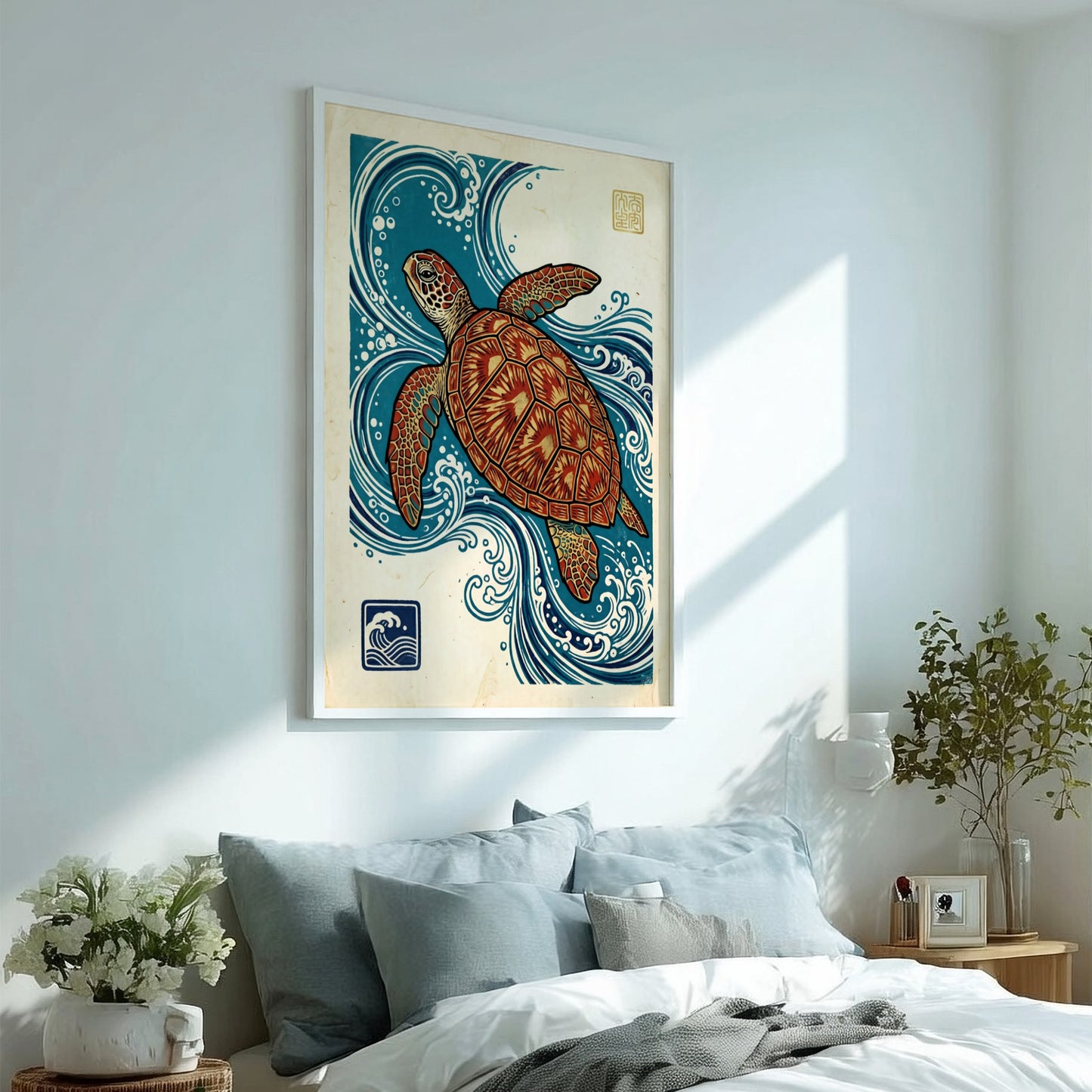 Japanese art style poster featuring a turtle swimming in ocean waves with vibrant colors