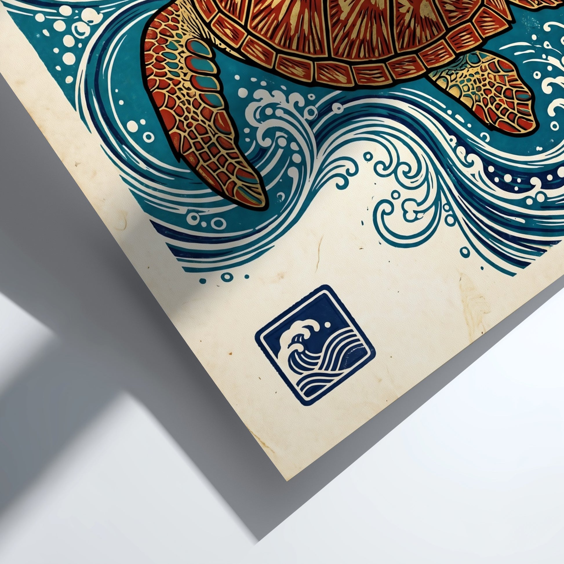 Japanese art style poster featuring a turtle swimming in ocean waves with vibrant colors