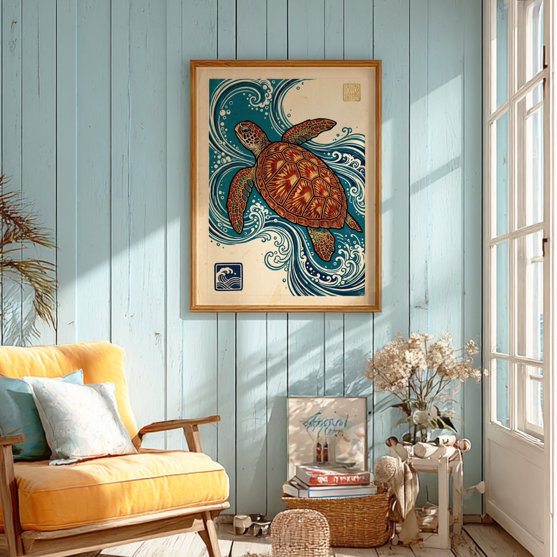 Japanese art style poster featuring a turtle swimming in ocean waves with vibrant colors