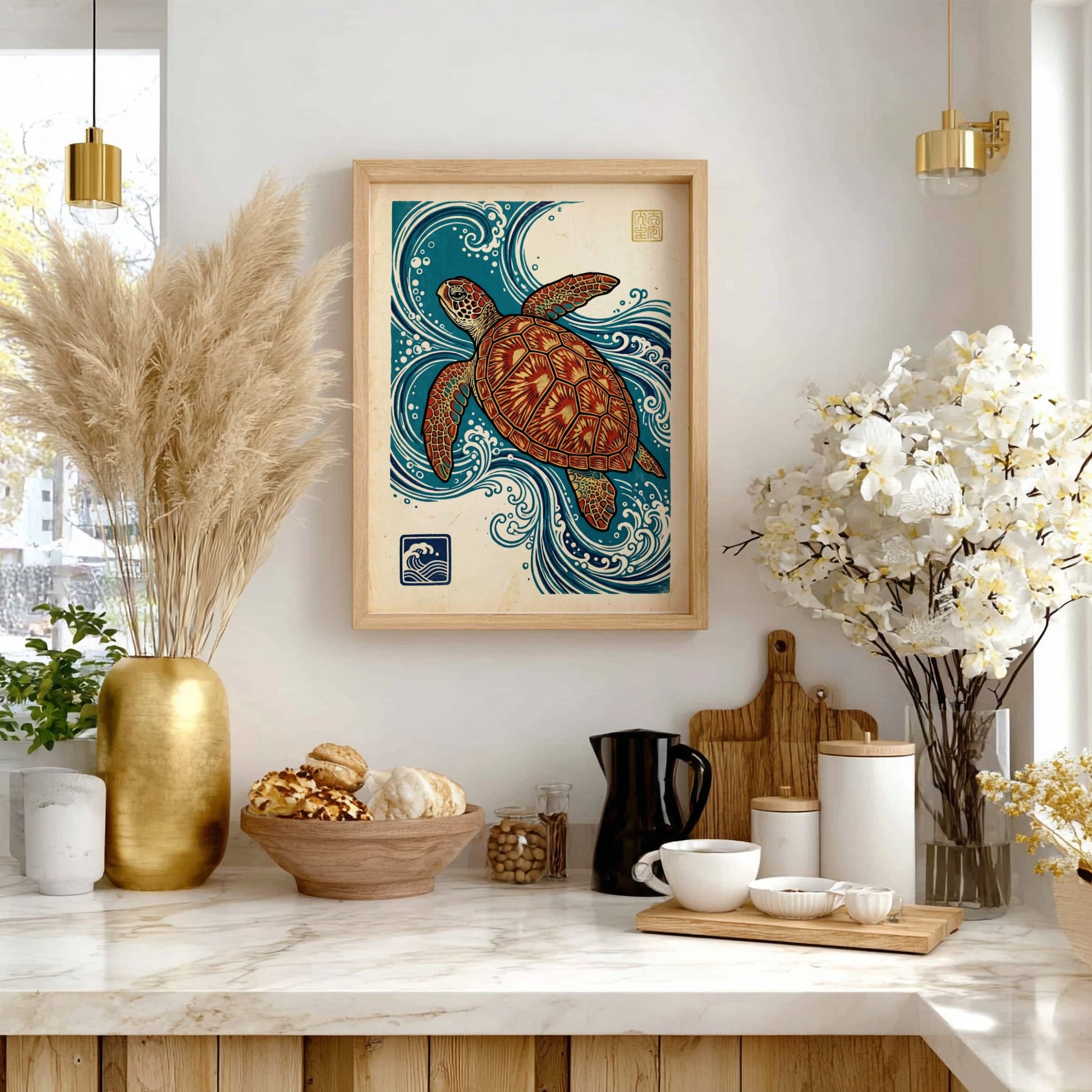 Japanese art style poster featuring a turtle swimming in ocean waves with vibrant colors