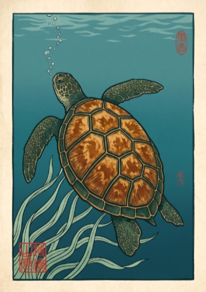 Japanese art style poster of a turtle swimming among seagrass