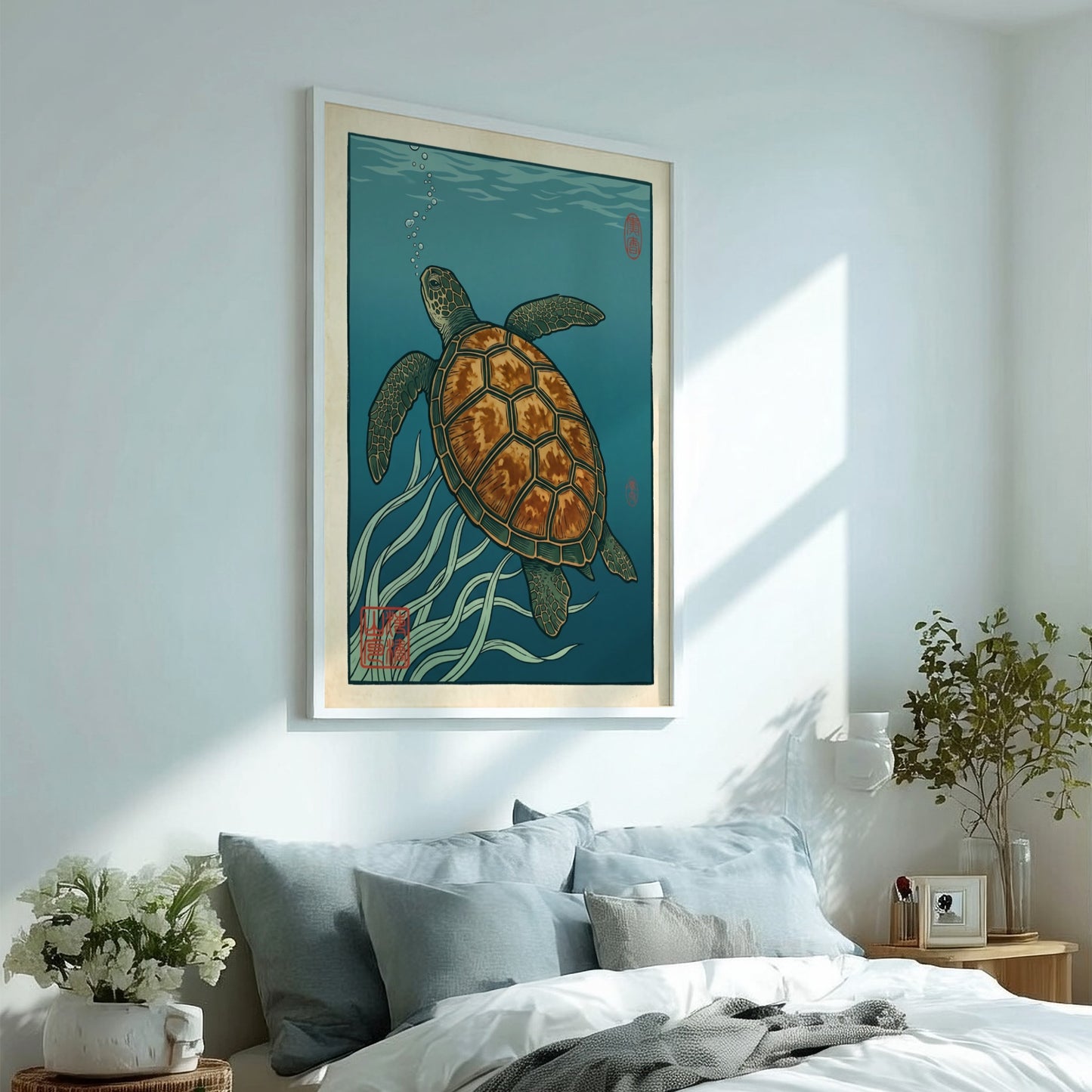 Japanese art style poster of a turtle swimming among seagrass