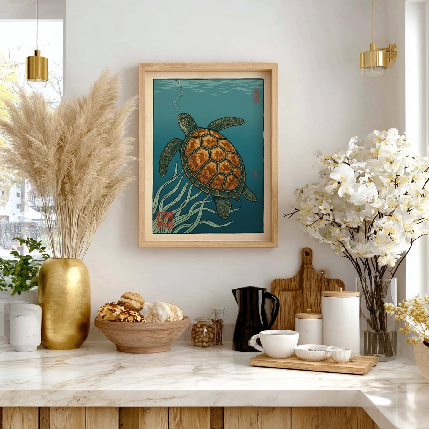 Japanese art style poster of a turtle swimming among seagrass