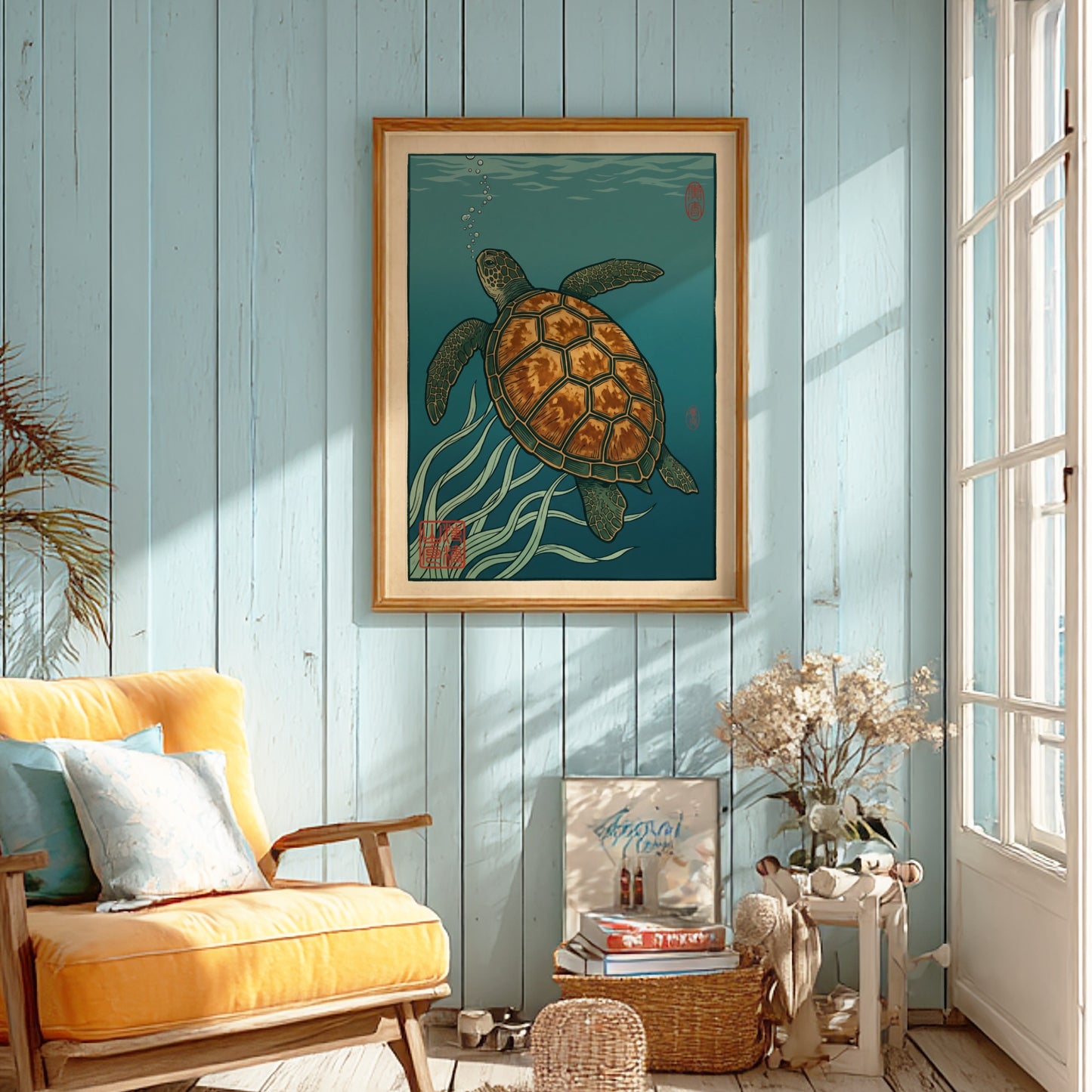 Japanese art style poster of a turtle swimming among seagrass
