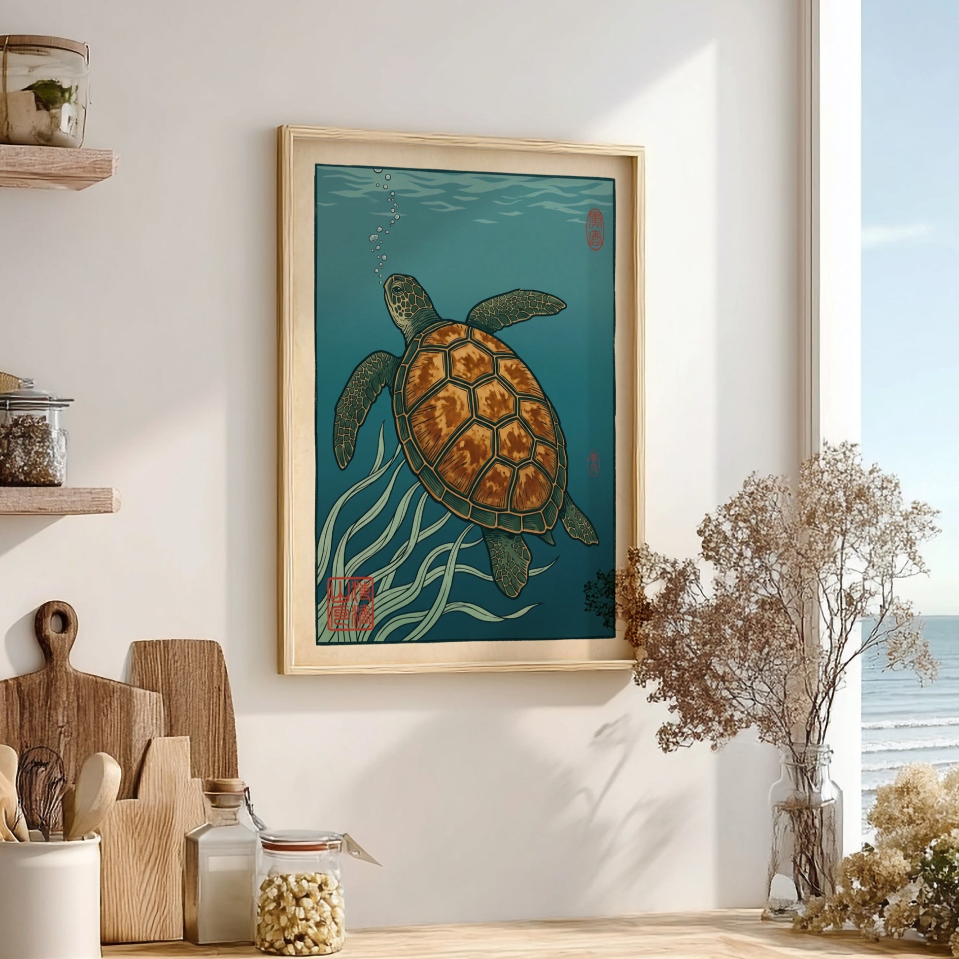 Japanese art style poster of a turtle swimming among seagrass