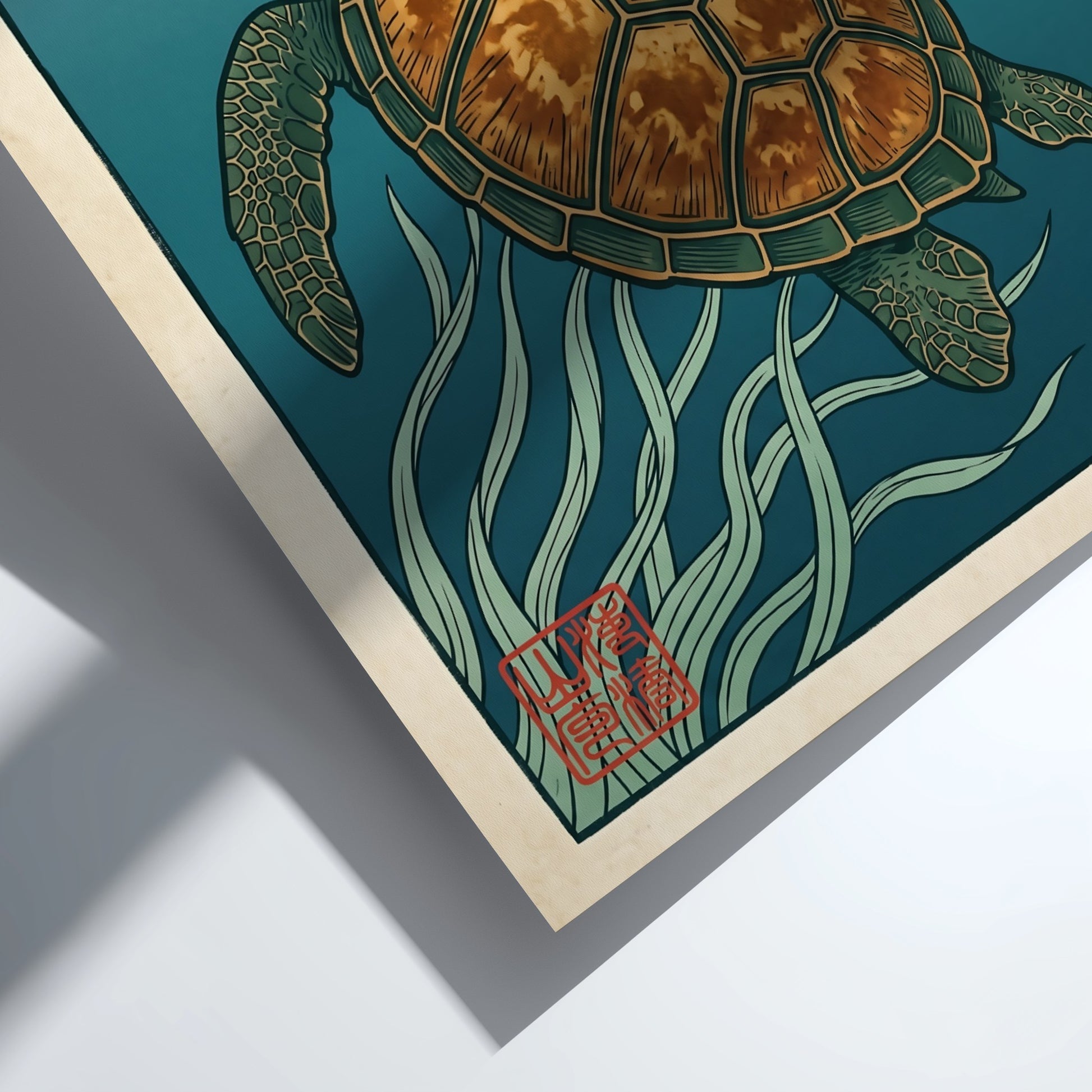 Japanese art style poster of a turtle swimming among seagrass