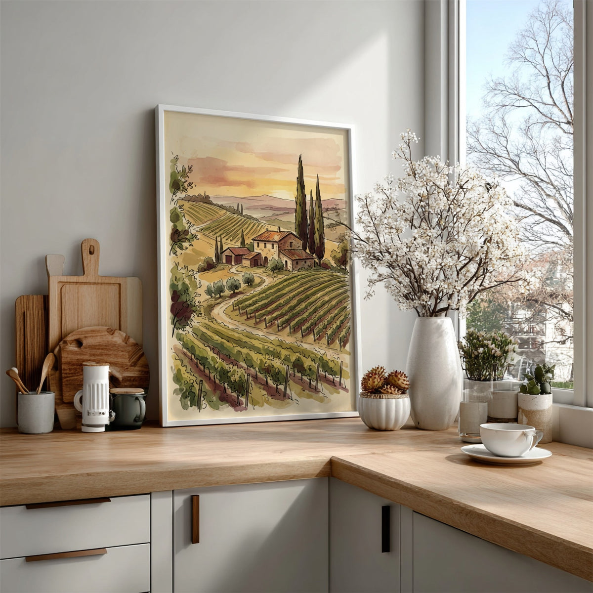 Poster featuring a watercolour Tuscan vineyard with rolling hills, grapevines, and a stone farmhouse.