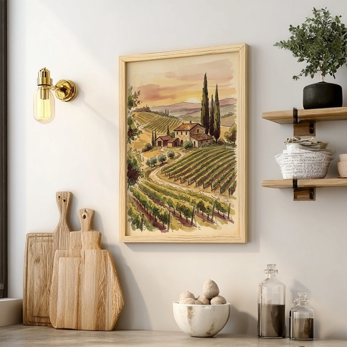 Poster featuring a watercolour Tuscan vineyard with rolling hills, grapevines, and a stone farmhouse.