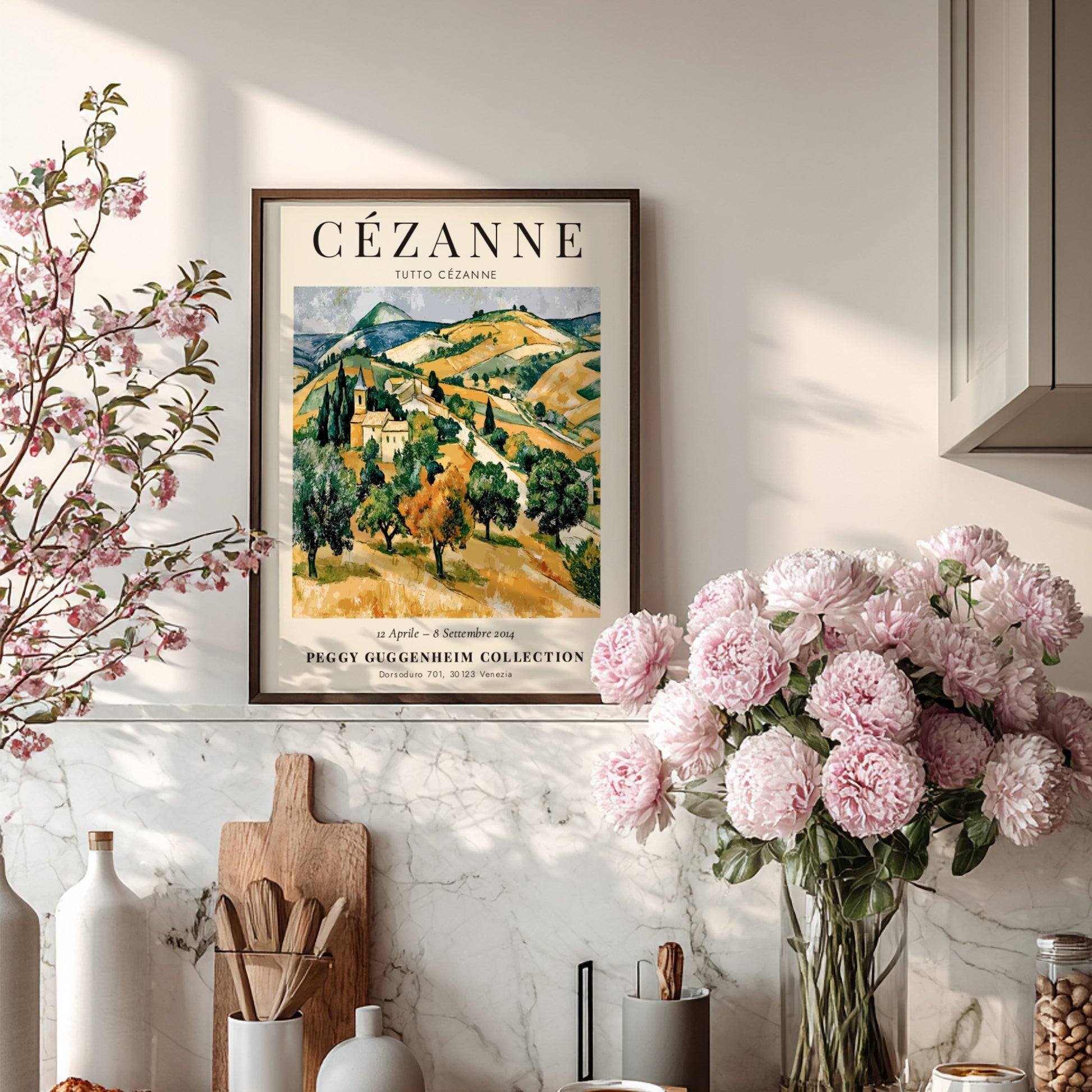 Cézanne exhibition poster featuring a vibrant landscape in green and gold tones