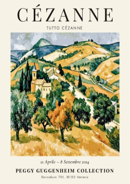 Cézanne exhibition poster featuring a vibrant landscape in green and gold tones