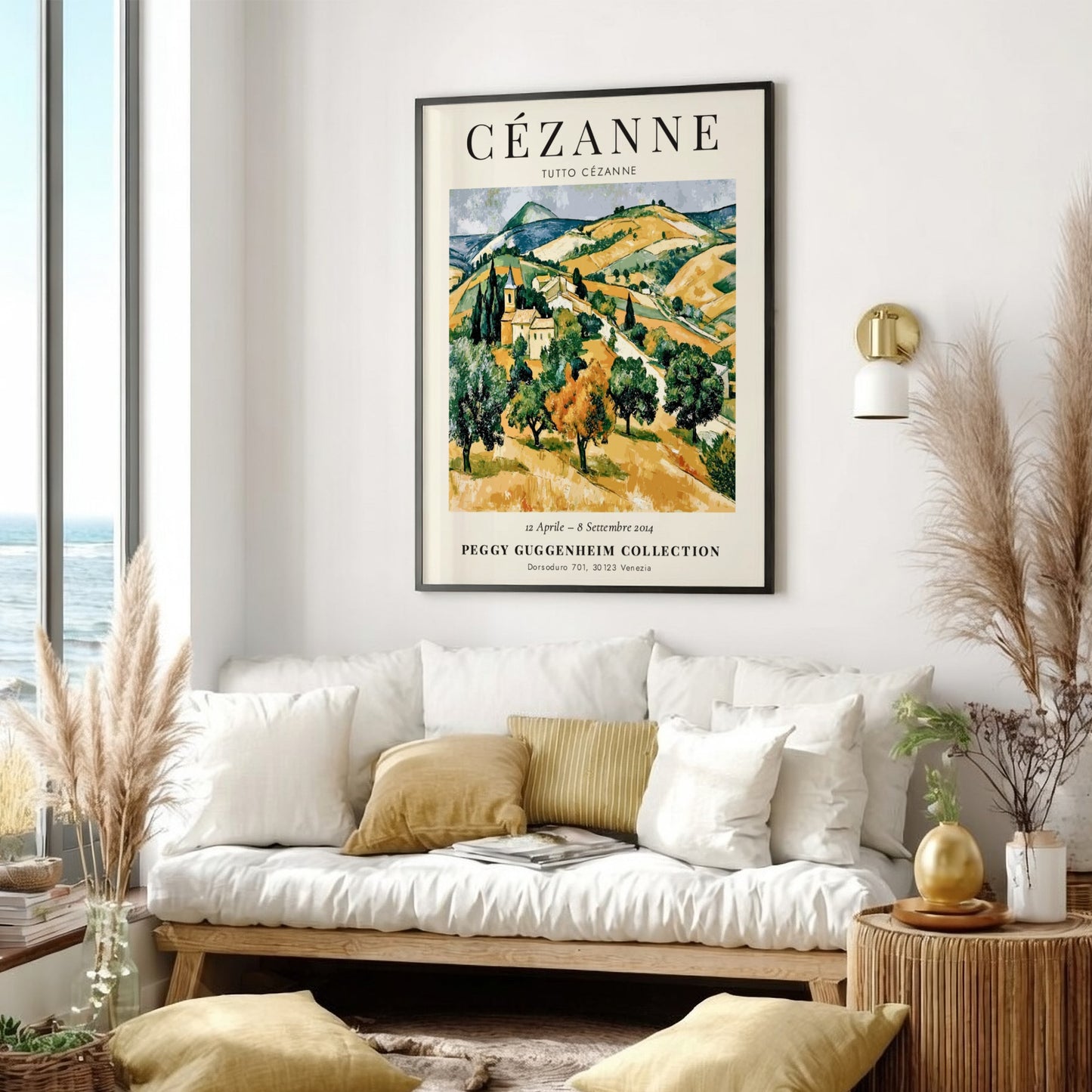 Cézanne exhibition poster featuring a vibrant landscape in green and gold tones