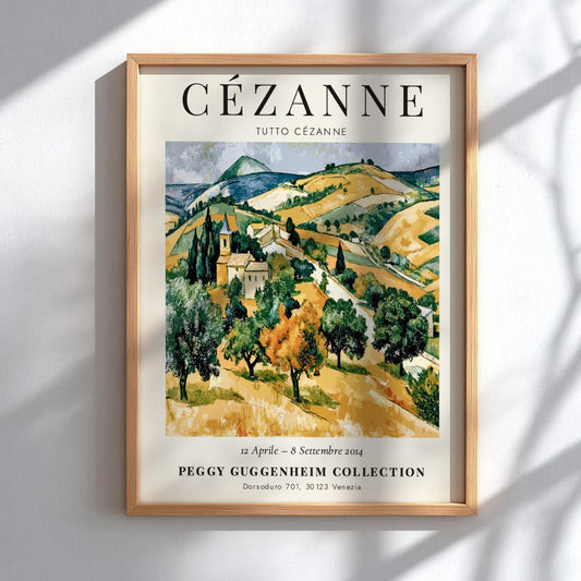 Cézanne exhibition poster featuring a vibrant landscape in green and gold tones