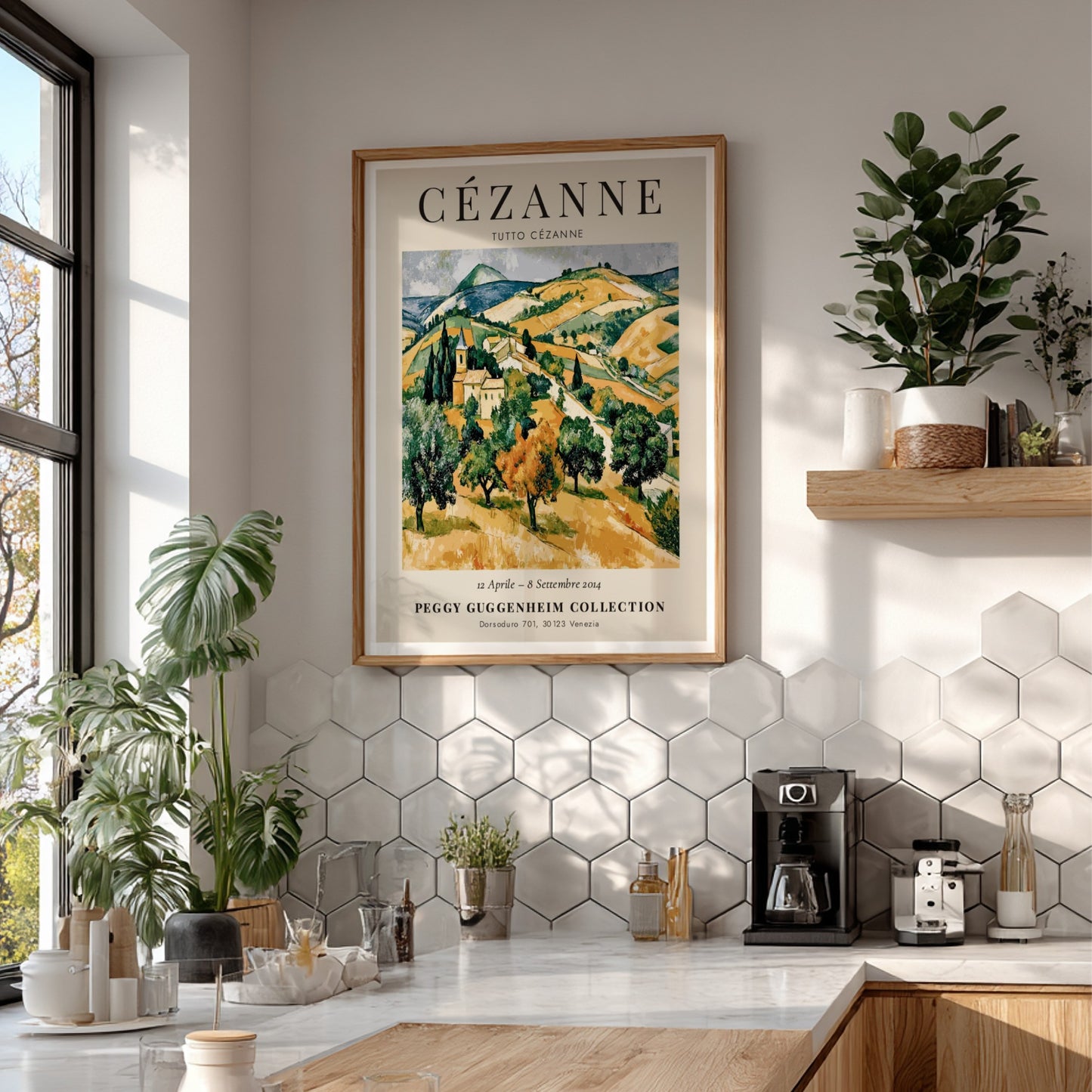 Cézanne exhibition poster featuring a vibrant landscape in green and gold tones