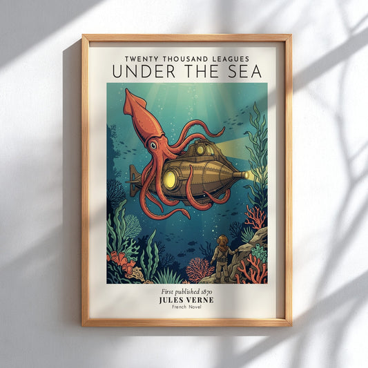 Poster featuring Jules Verne's Twenty Thousand Leagues Under the Sea with a giant squid illustration.
