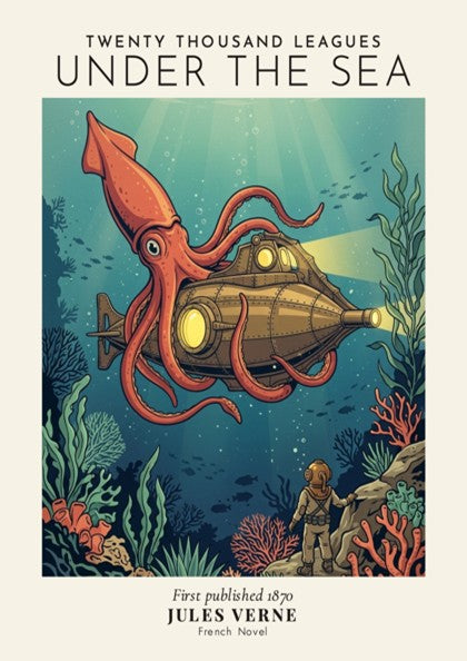 Poster featuring Jules Verne's Twenty Thousand Leagues Under the Sea with a giant squid illustration.