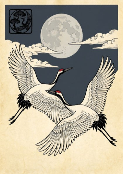 Japanese art style poster featuring two cranes flying under a moon