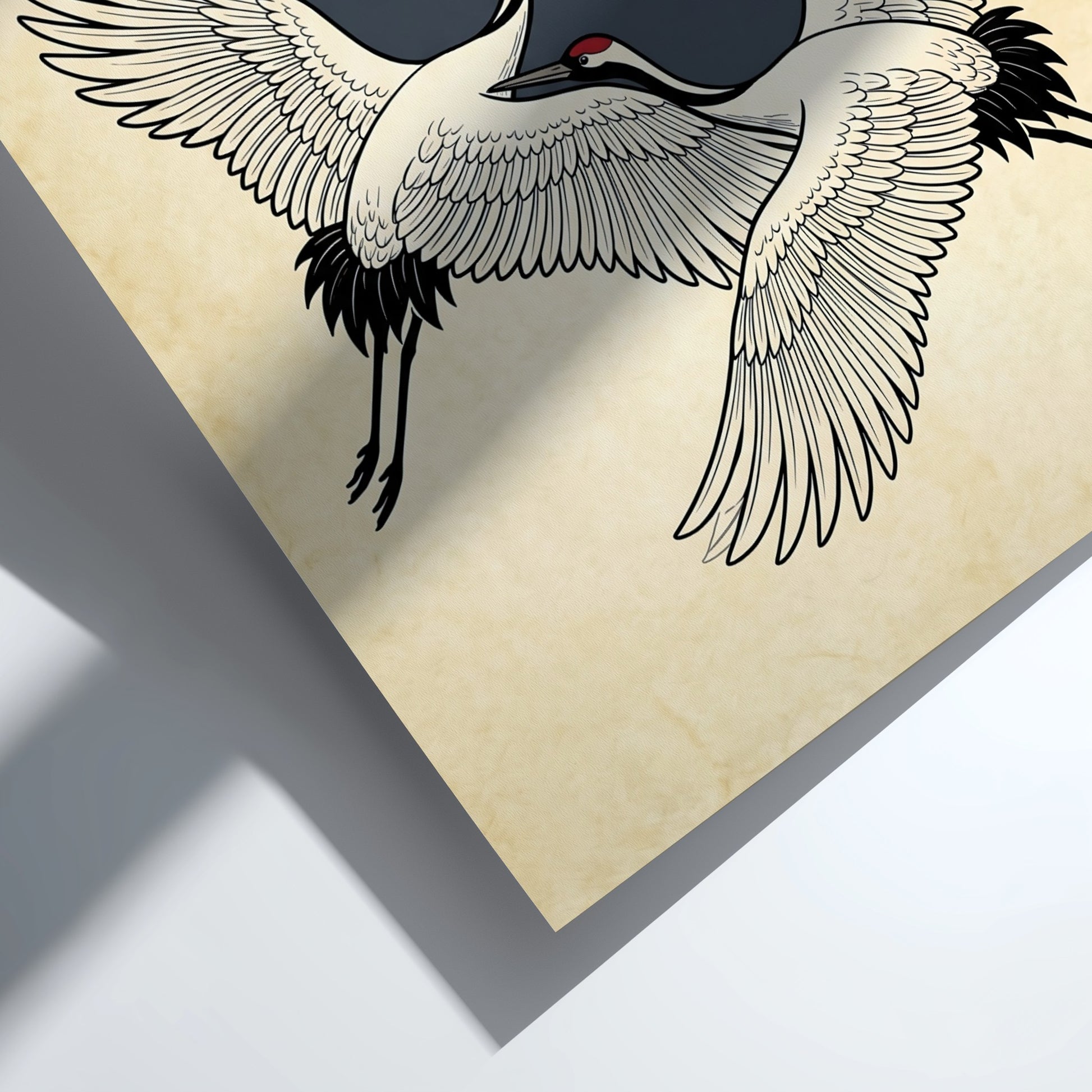 Japanese art style poster featuring two cranes flying under a moon