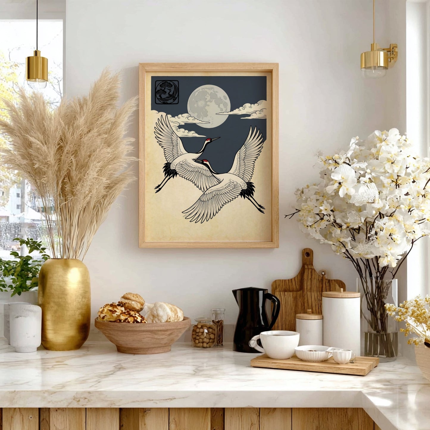 Japanese art style poster featuring two cranes flying under a moon