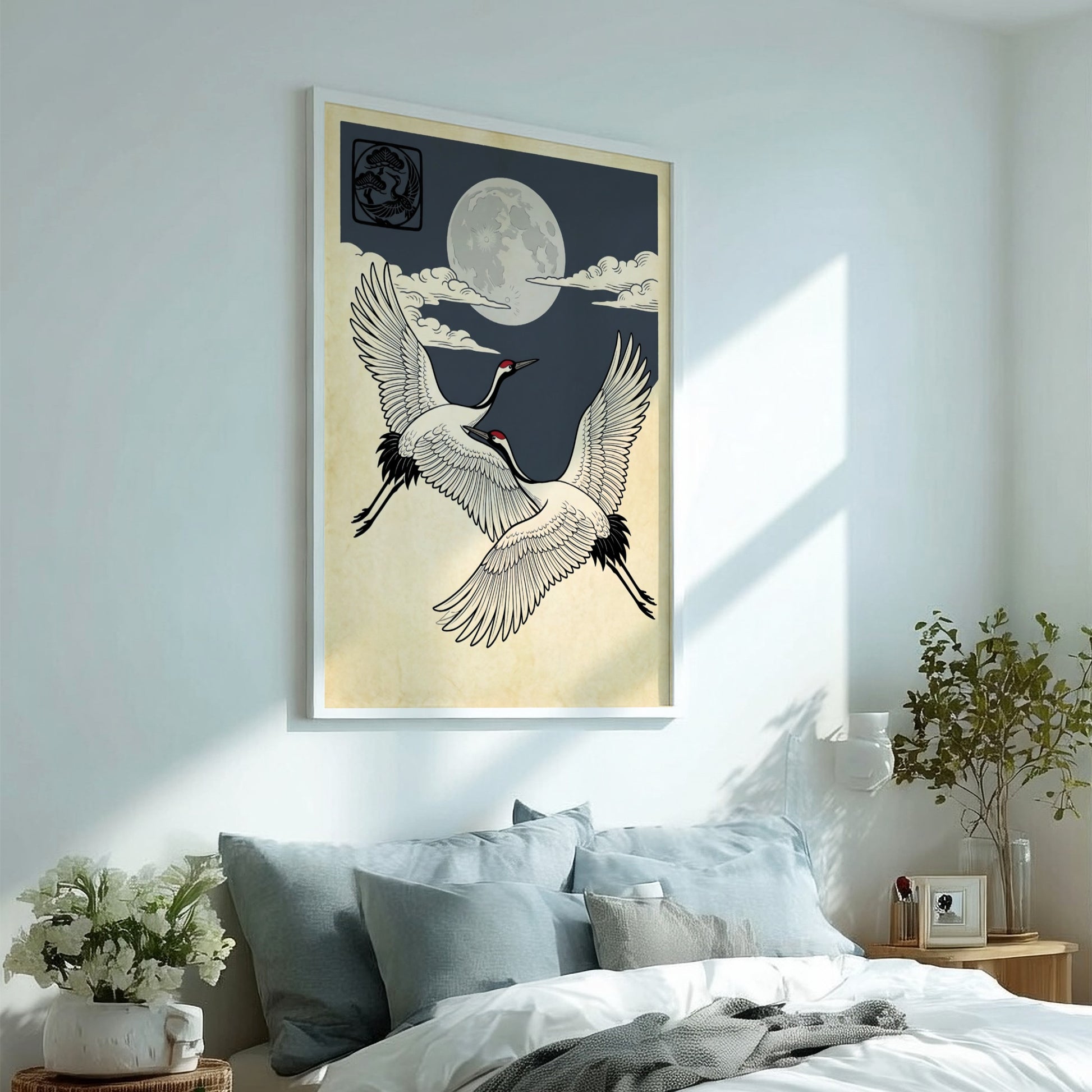 Japanese art style poster featuring two cranes flying under a moon