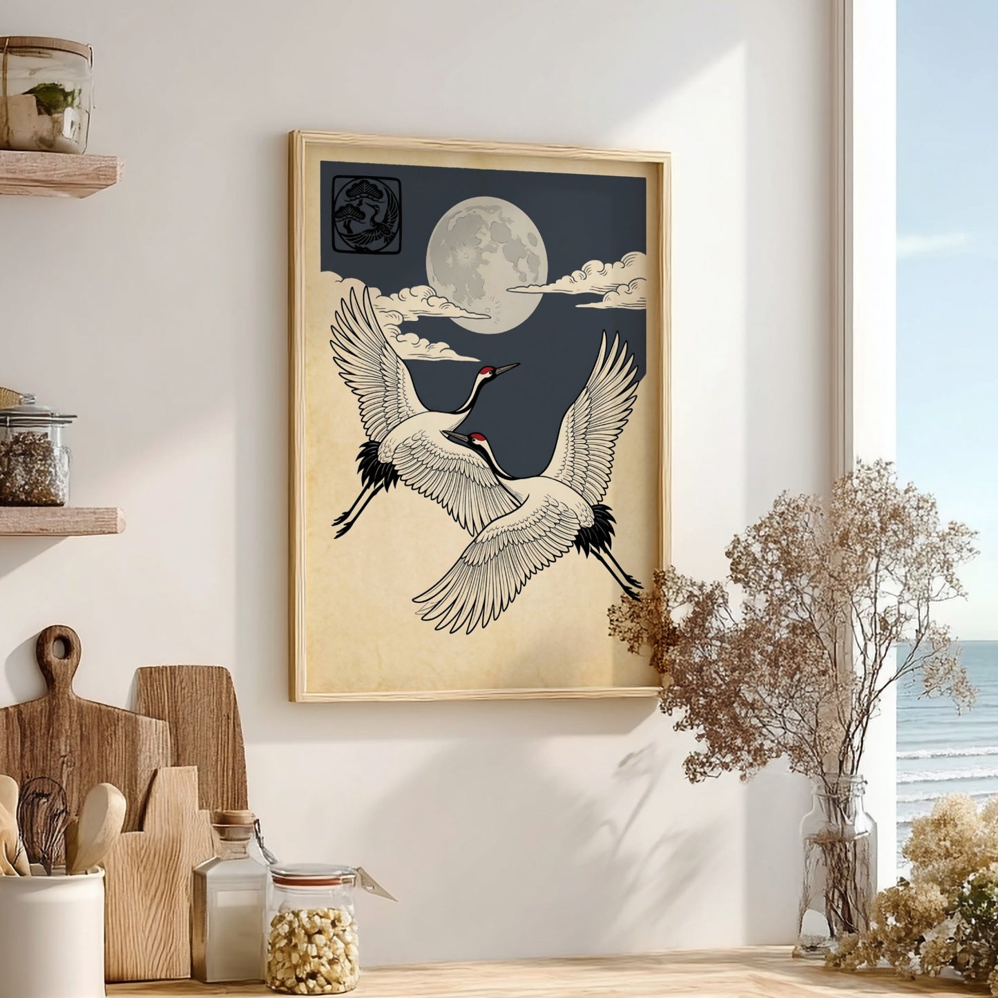 Japanese art style poster featuring two cranes flying under a moon