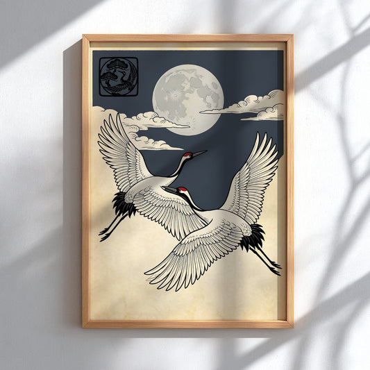 Japanese art style poster featuring two cranes flying under a moon