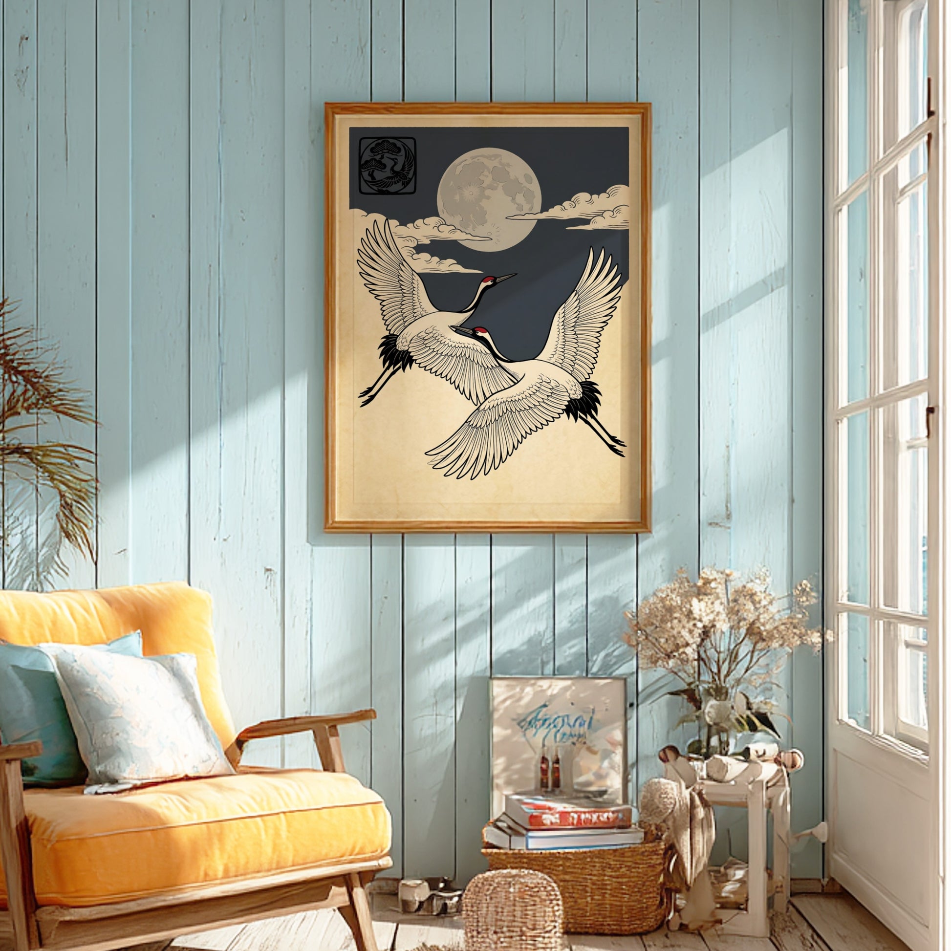Japanese art style poster featuring two cranes flying under a moon