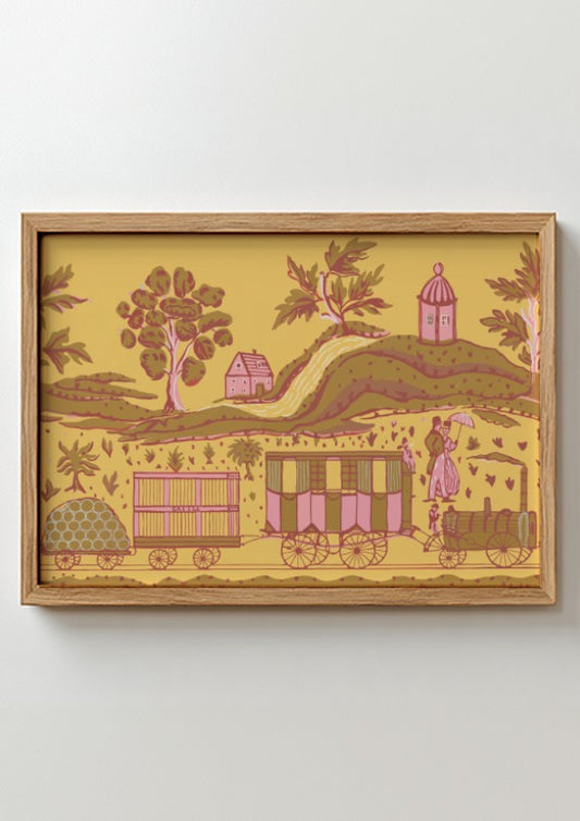 Vintage toile art print of a pastoral train scene by Martin Partyka, featuring a train, figures, and