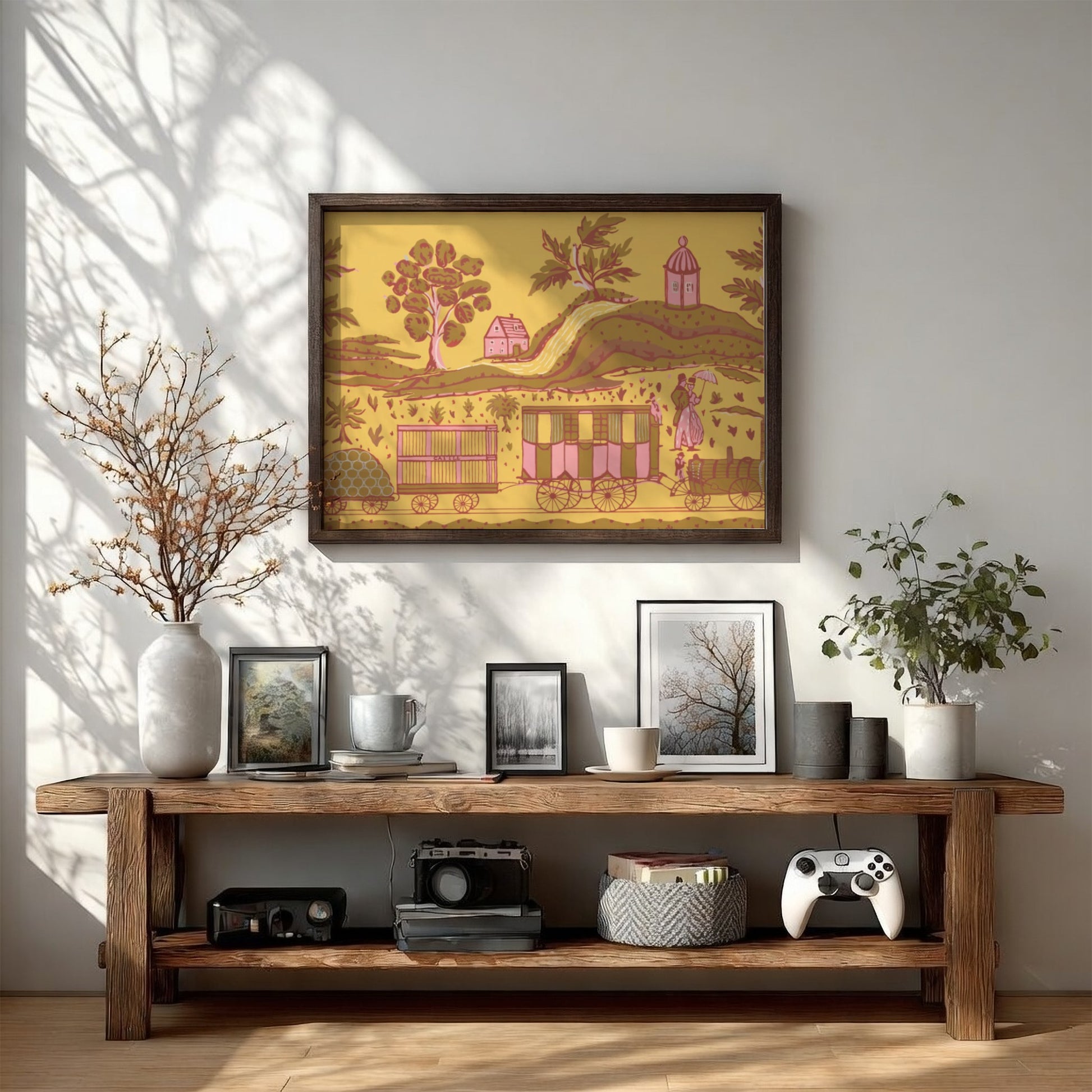 Vintage toile art print of a pastoral train scene by Martin Partyka, featuring a train, figures, and