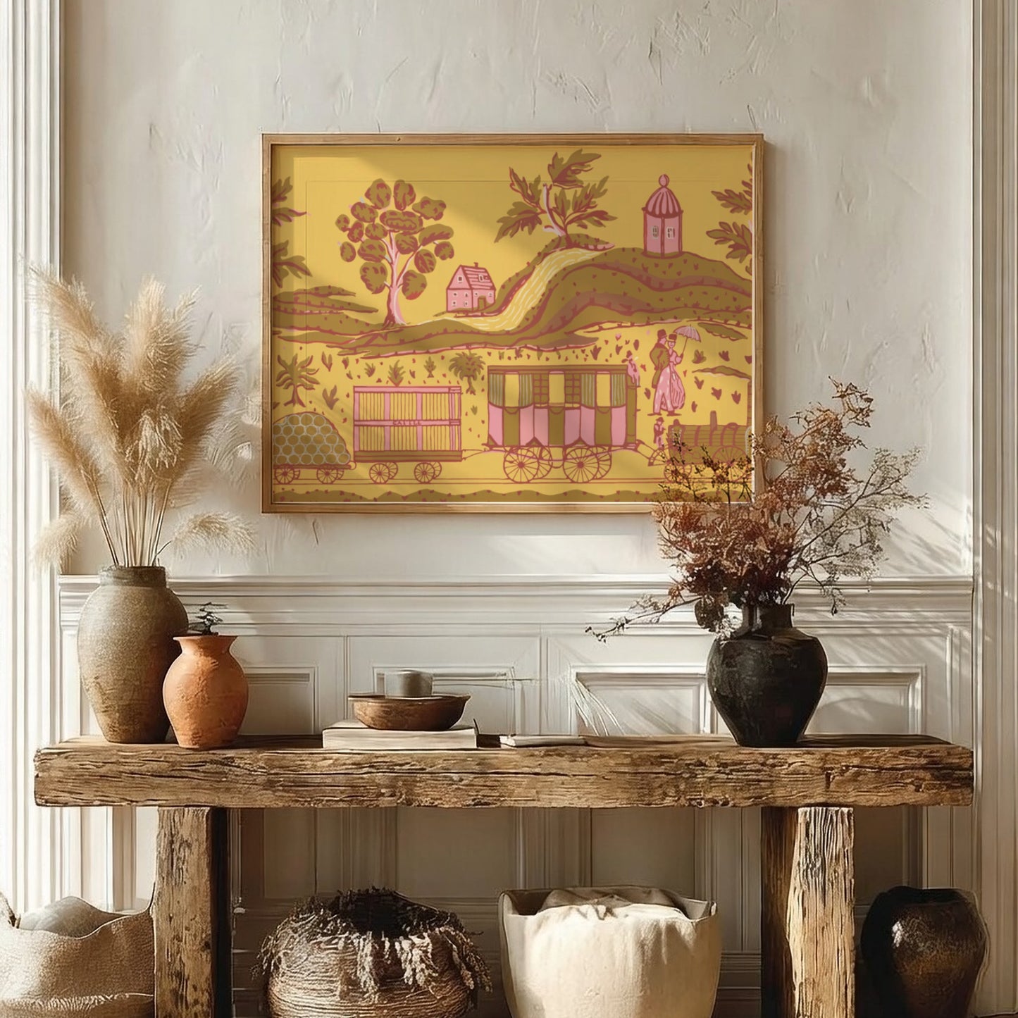 Vintage toile art print of a pastoral train scene by Martin Partyka, featuring a train, figures, and