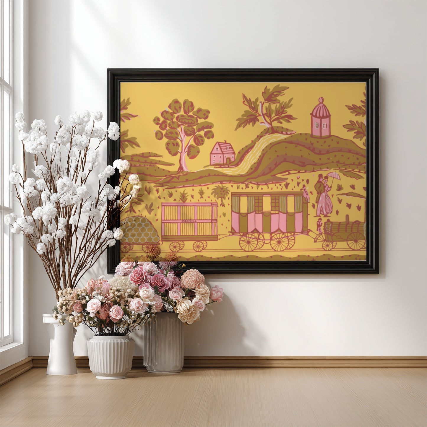 Vintage toile art print of a pastoral train scene by Martin Partyka, featuring a train, figures, and